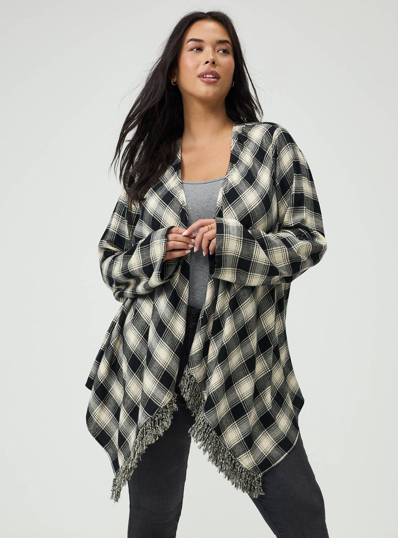 Plus Size Flannel Drape Front Cardigan, LOLLY PLAID IVORY, hi-res
