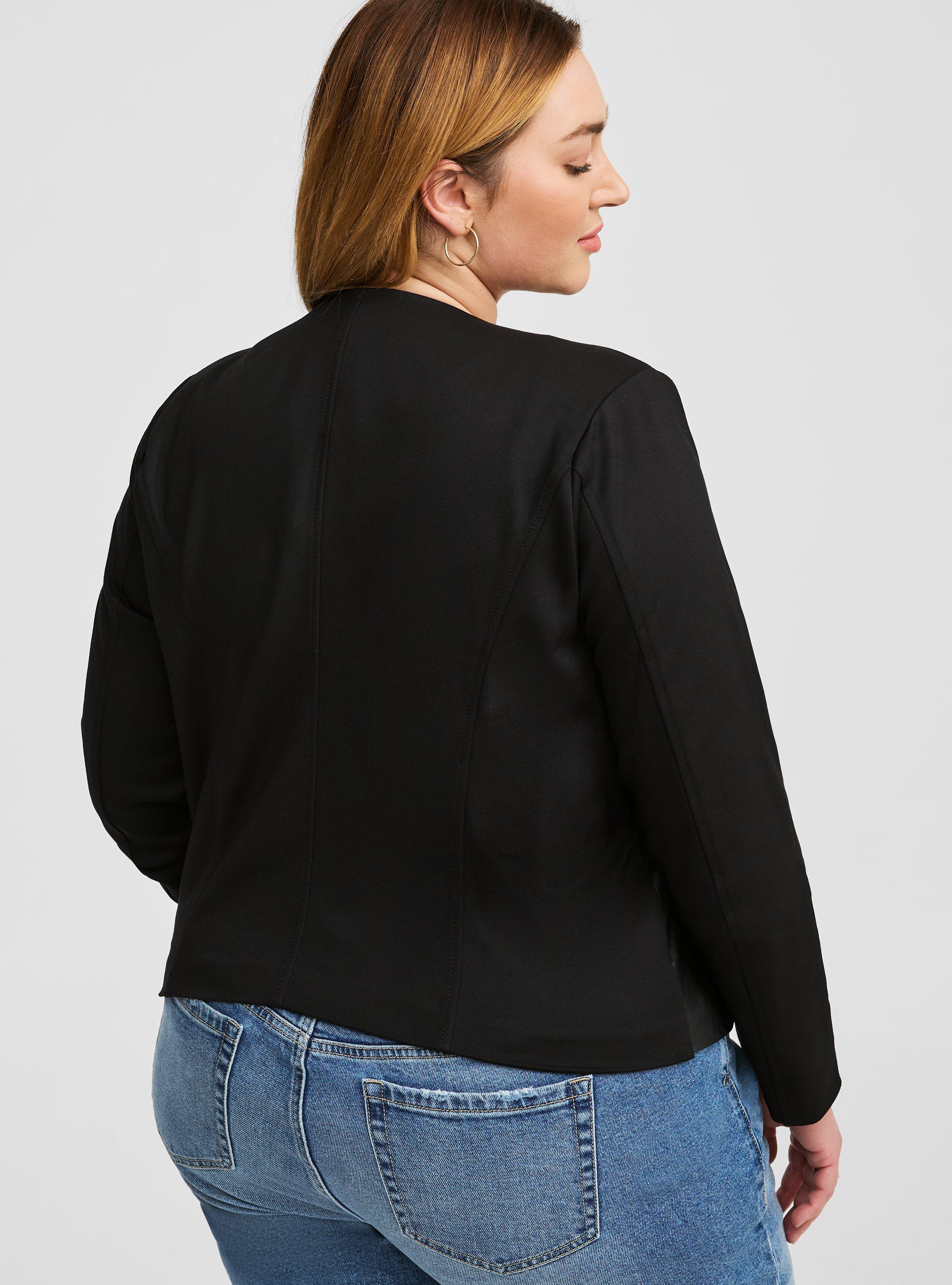 Faux Leather Ponte Sleeve Crop Jacket, DEEP BLACK, alternate