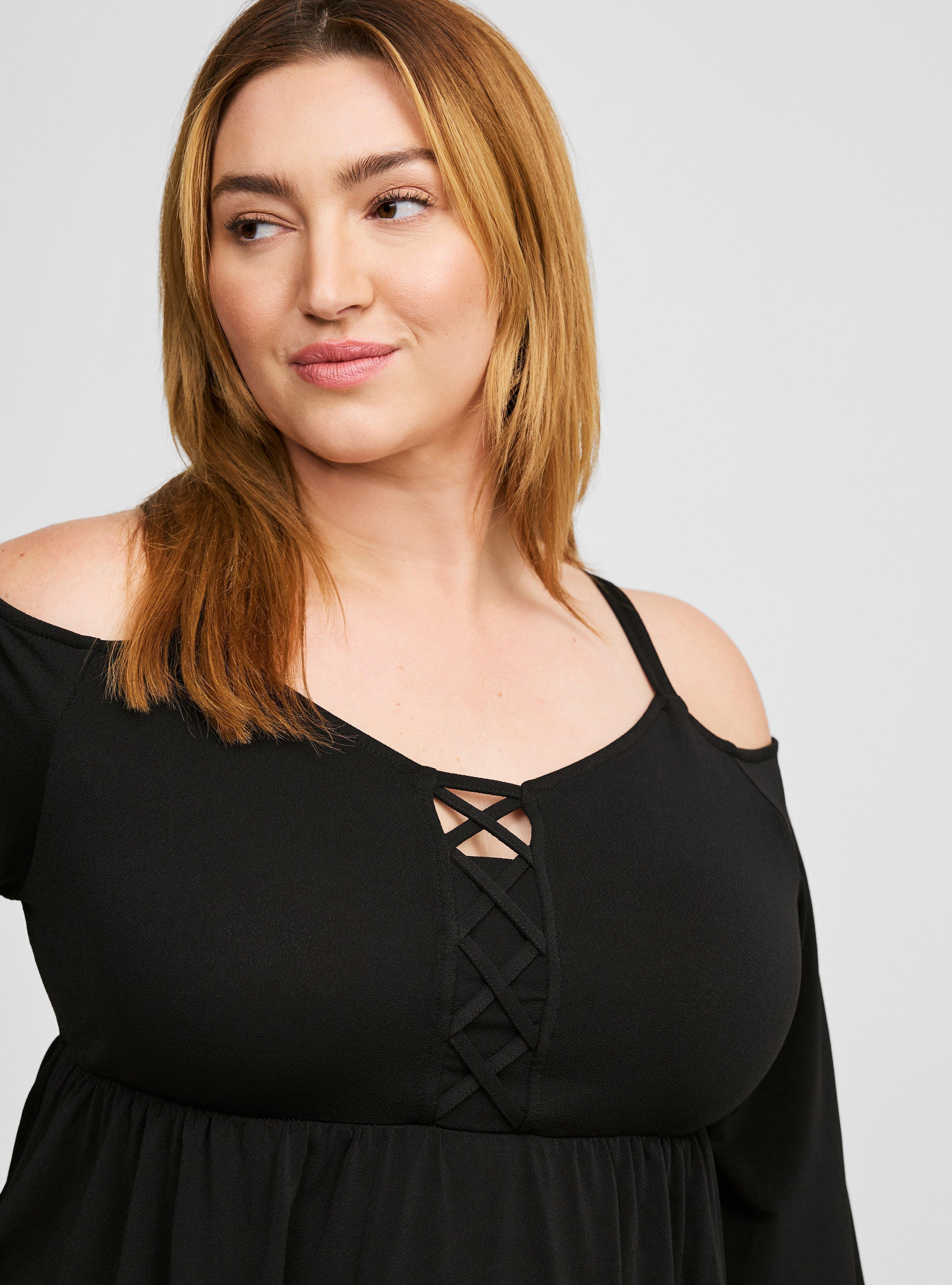 Studio Crepe Lace Up Off Shoulder Peplum Top, DEEP BLACK, alternate