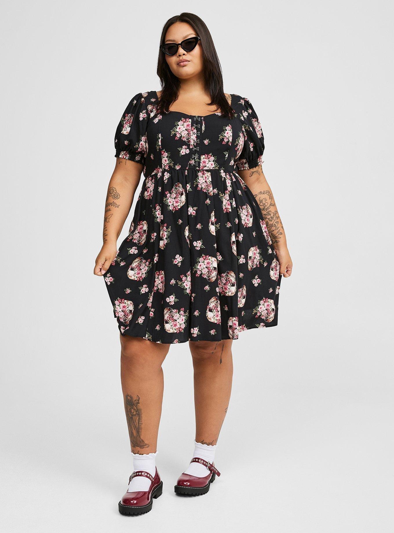 Mini Challis Hook And Eye Skater Dress, ROMANTIC SKULLS FLORAL DEEP BLACK, alternate