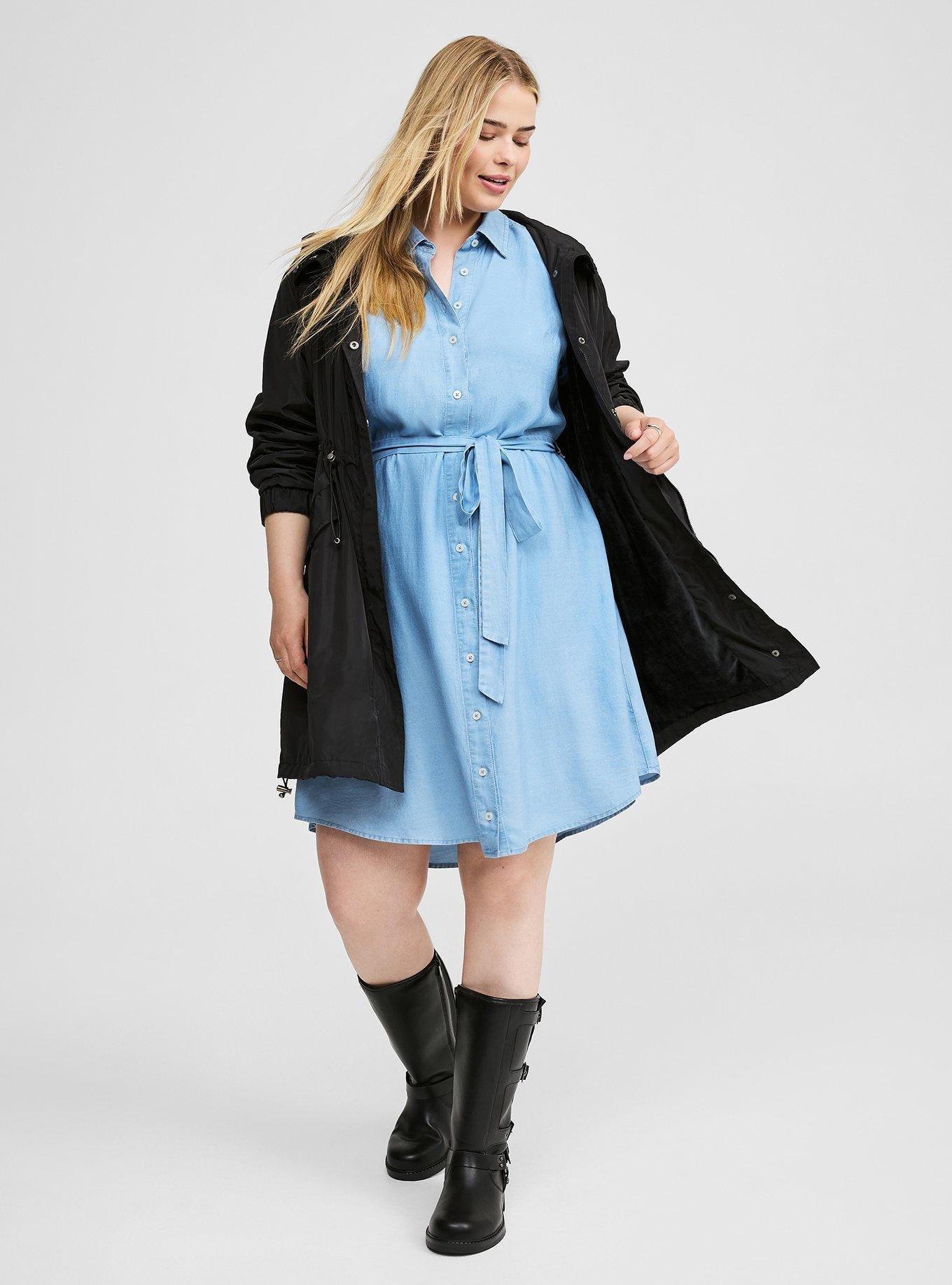 Mini Chambray Long Sleeve Button Front Tie Shirt Dress