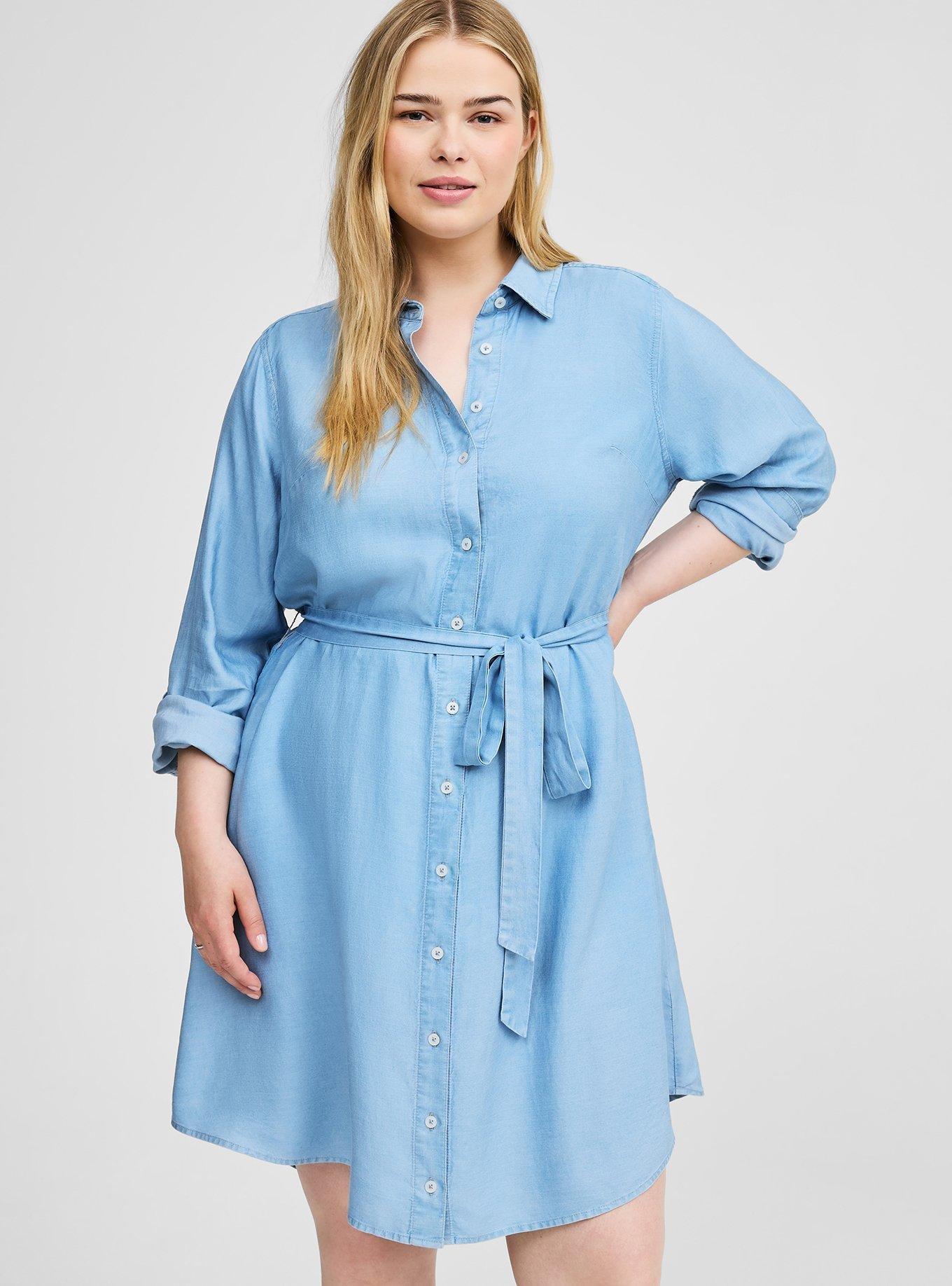 Mini Chambray Long Sleeve Button Front Tie Shirt Dress