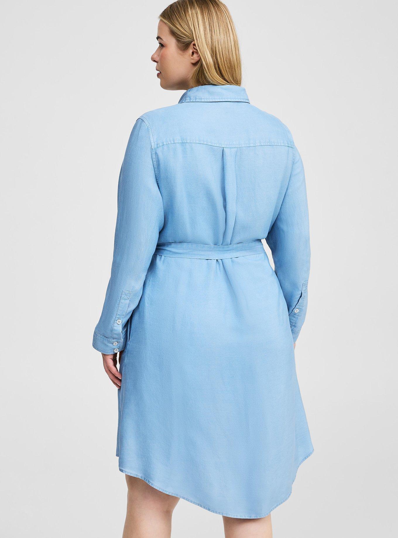 Mini Chambray Long Sleeve Button Front Tie Shirt Dress