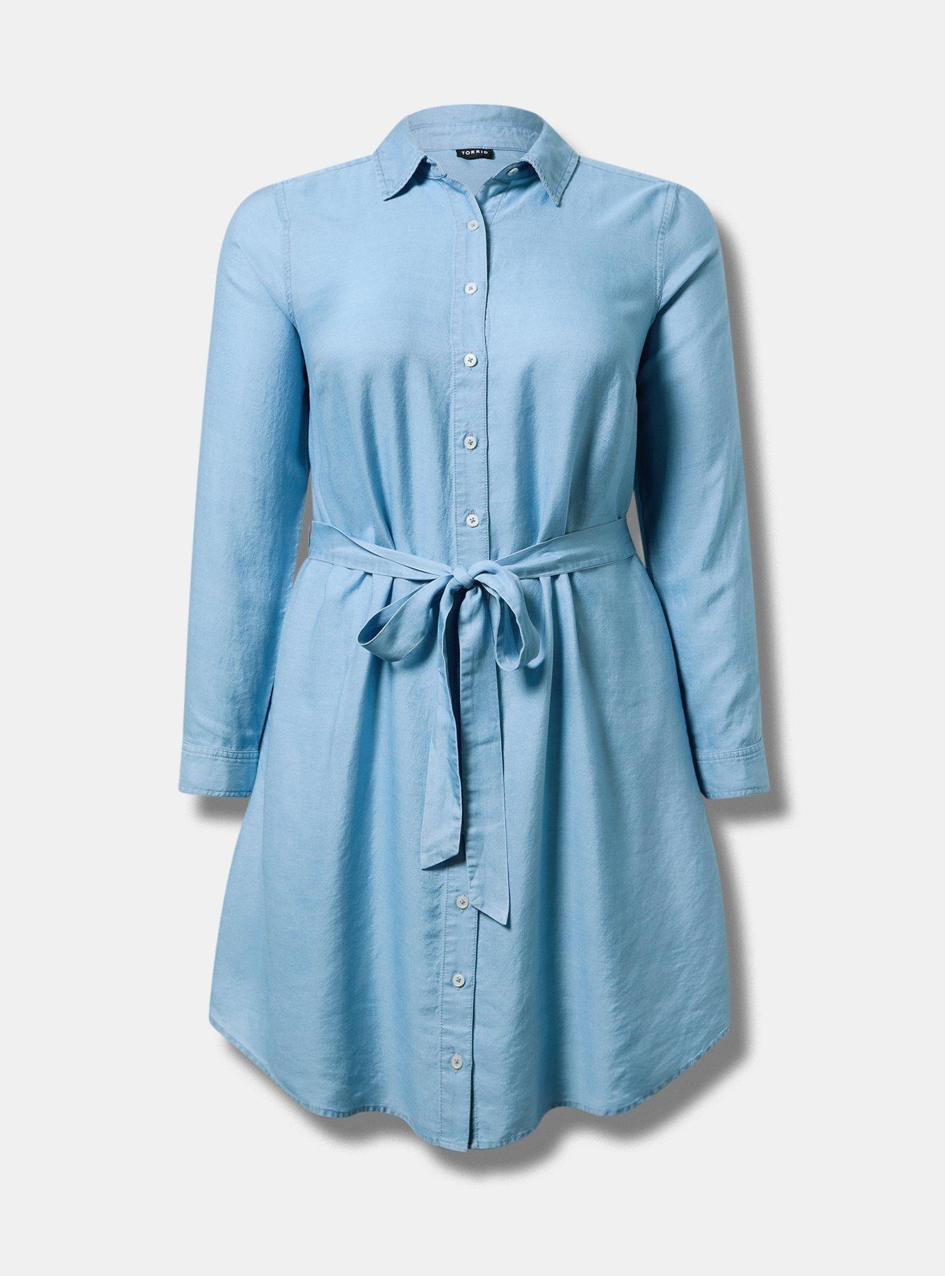 Mini Chambray Long Sleeve Button Front Tie Shirt Dress