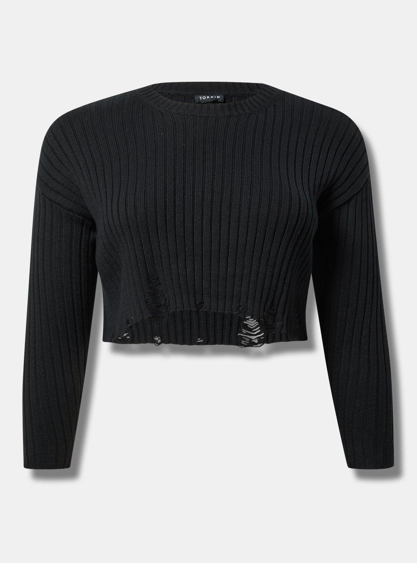 Distressed Crop Sweater, DEEP BLACK, hi-res