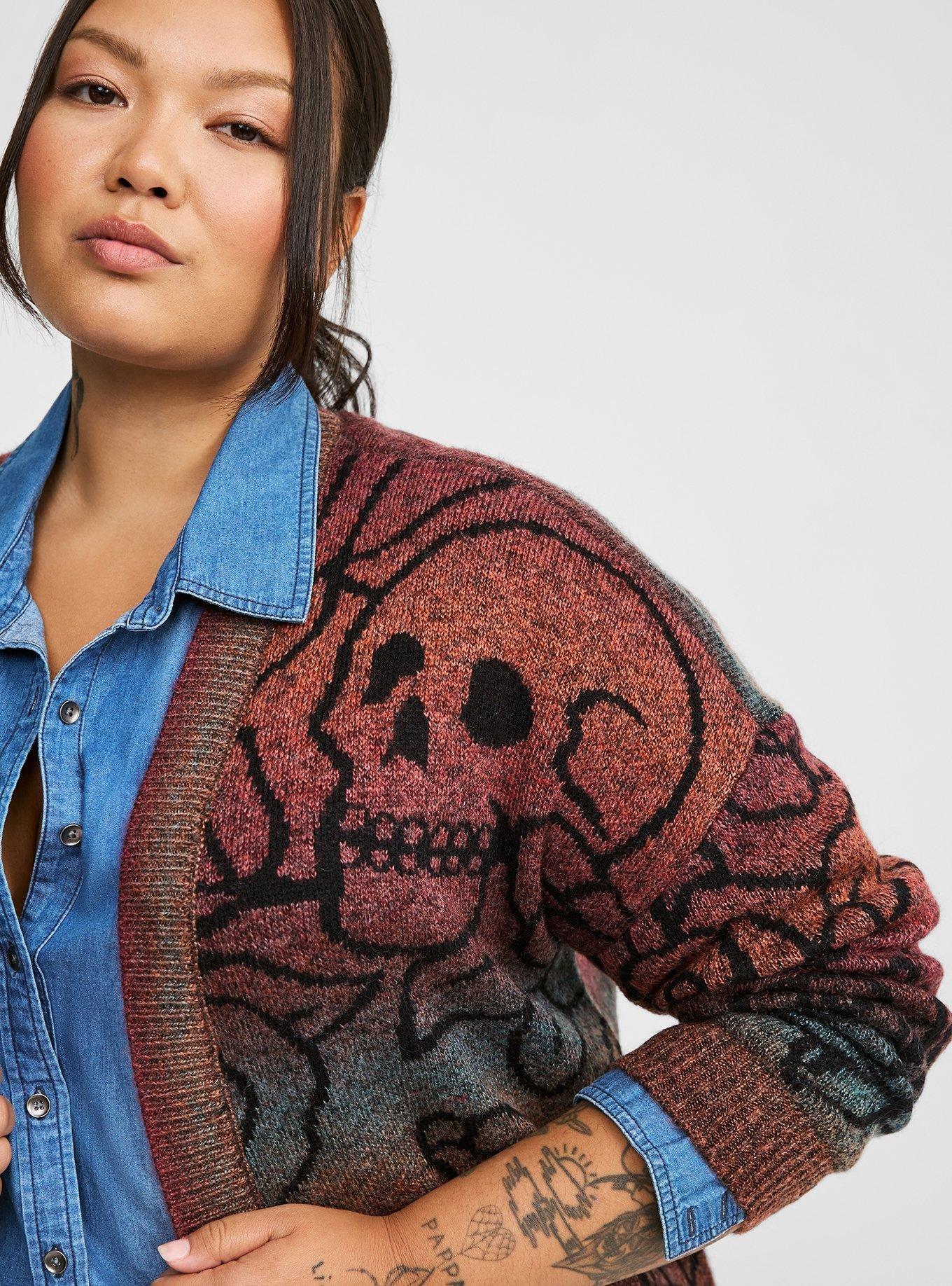 Plus Size - Space Dye Oversize Open Front Skull Cardigan - Torrid