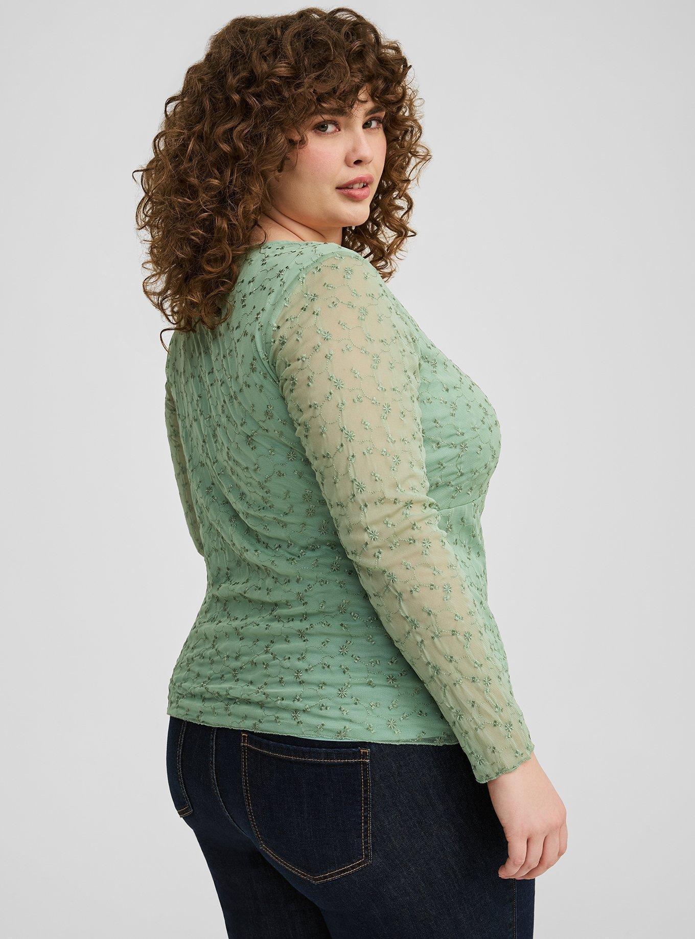 Stretch Embroidered Mesh Tie Front Long Sleeve Top