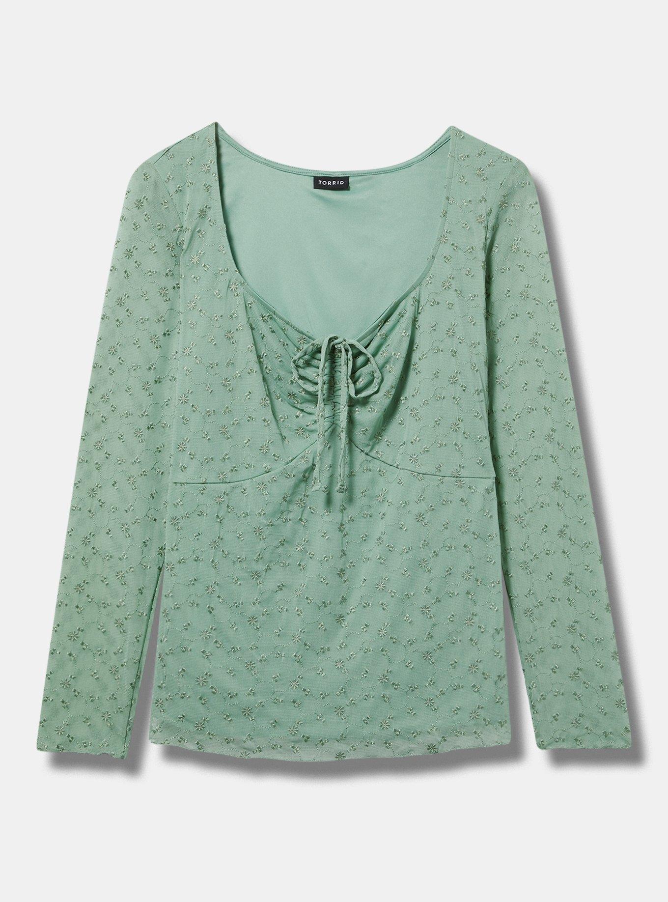 Stretch Embroidered Mesh Tie Front Long Sleeve Top