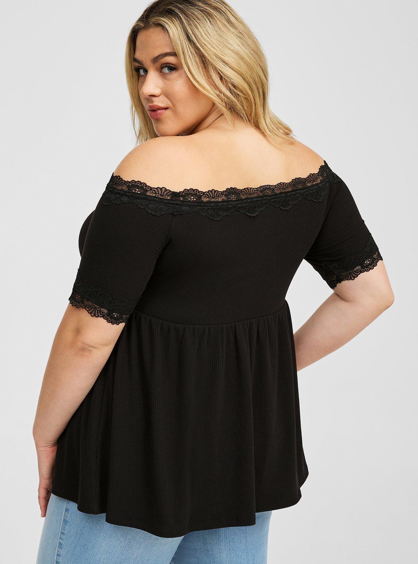 Super Soft Rib Off Shoulder Babydoll Top, DEEP BLACK, alternate