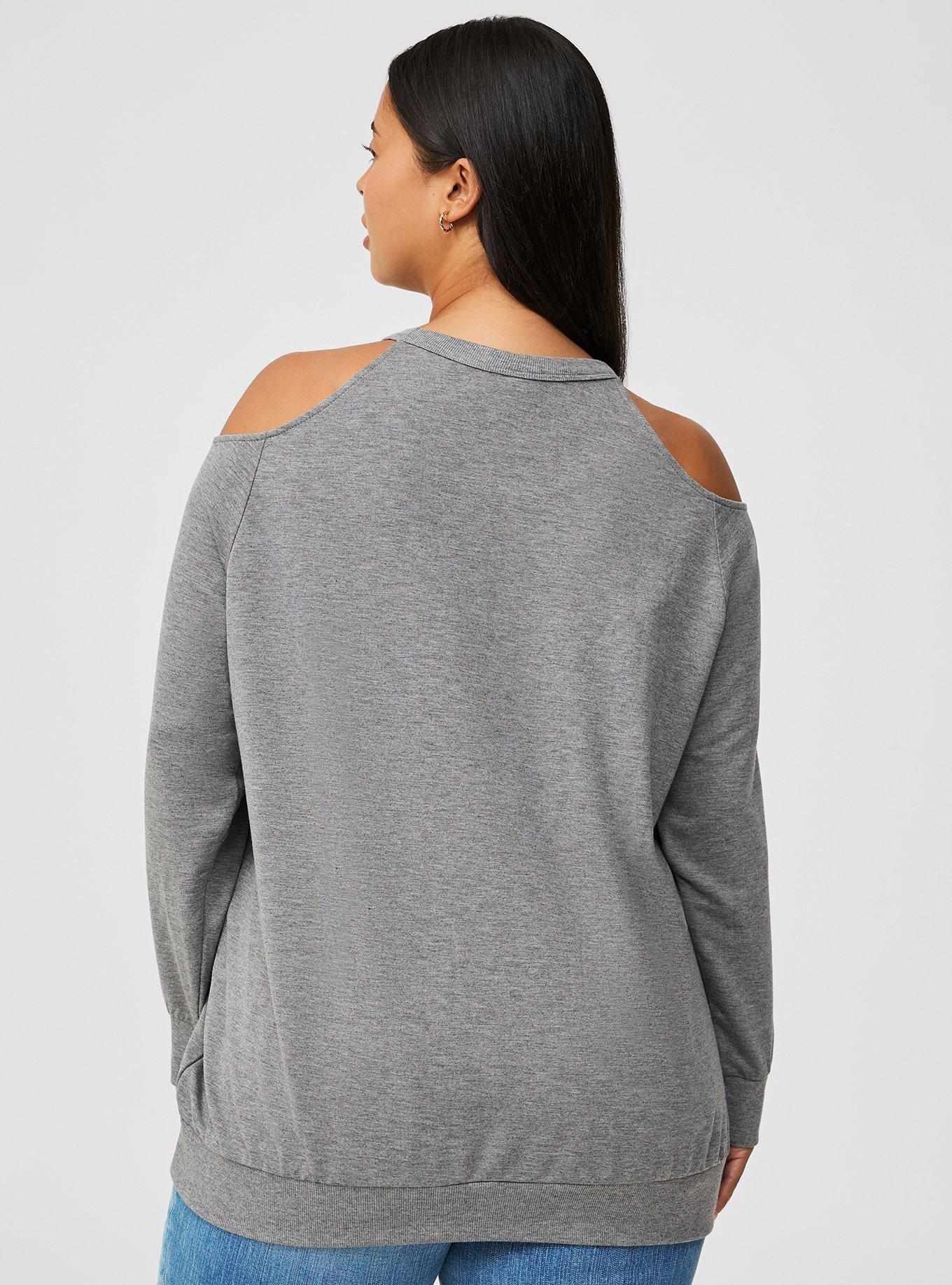 Lightweight French Terry Cold Shoulder Sweatshirt, HEATHER GREY, alternate