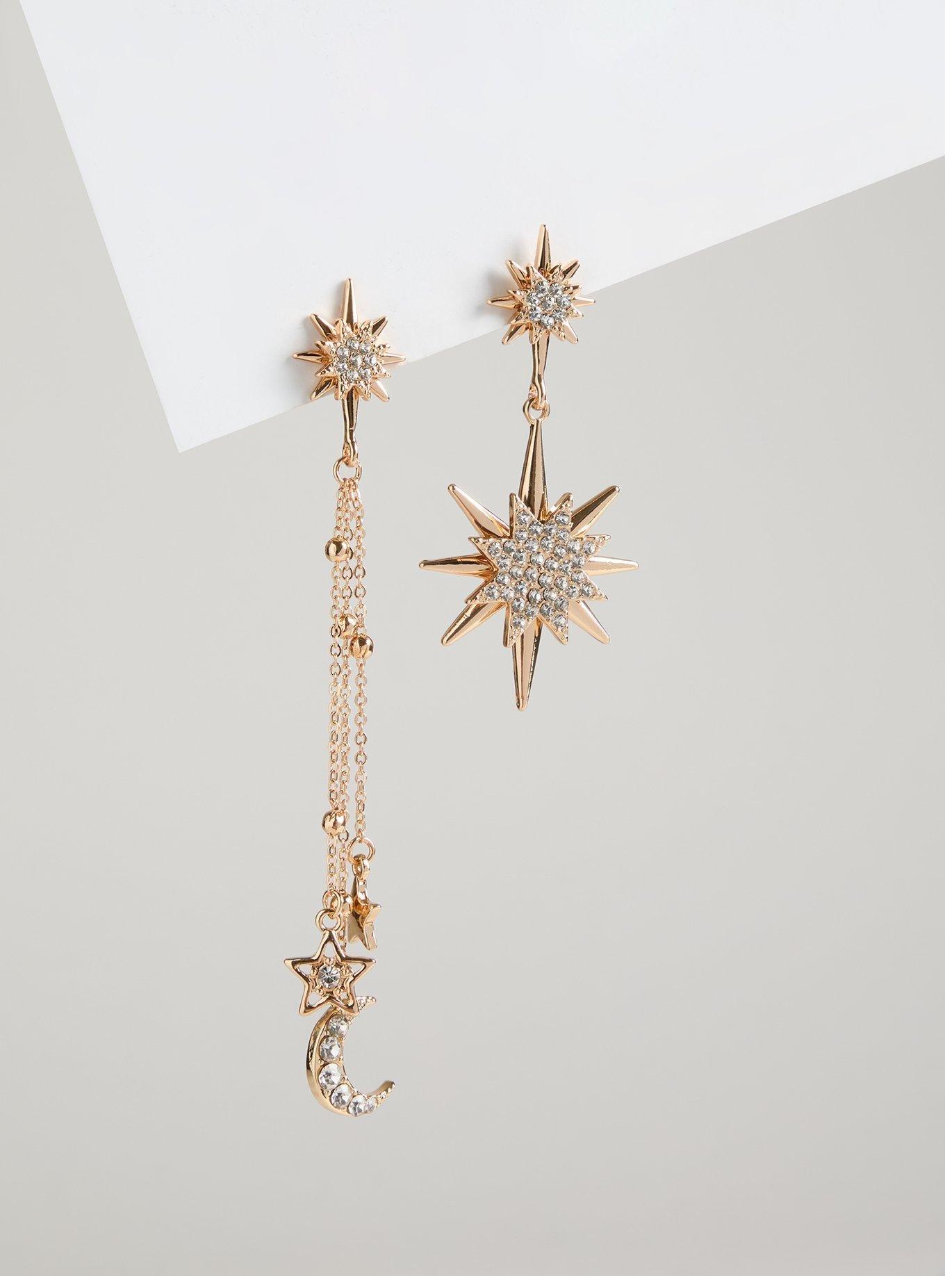 Star And Moon Mismatch Linear Earrings