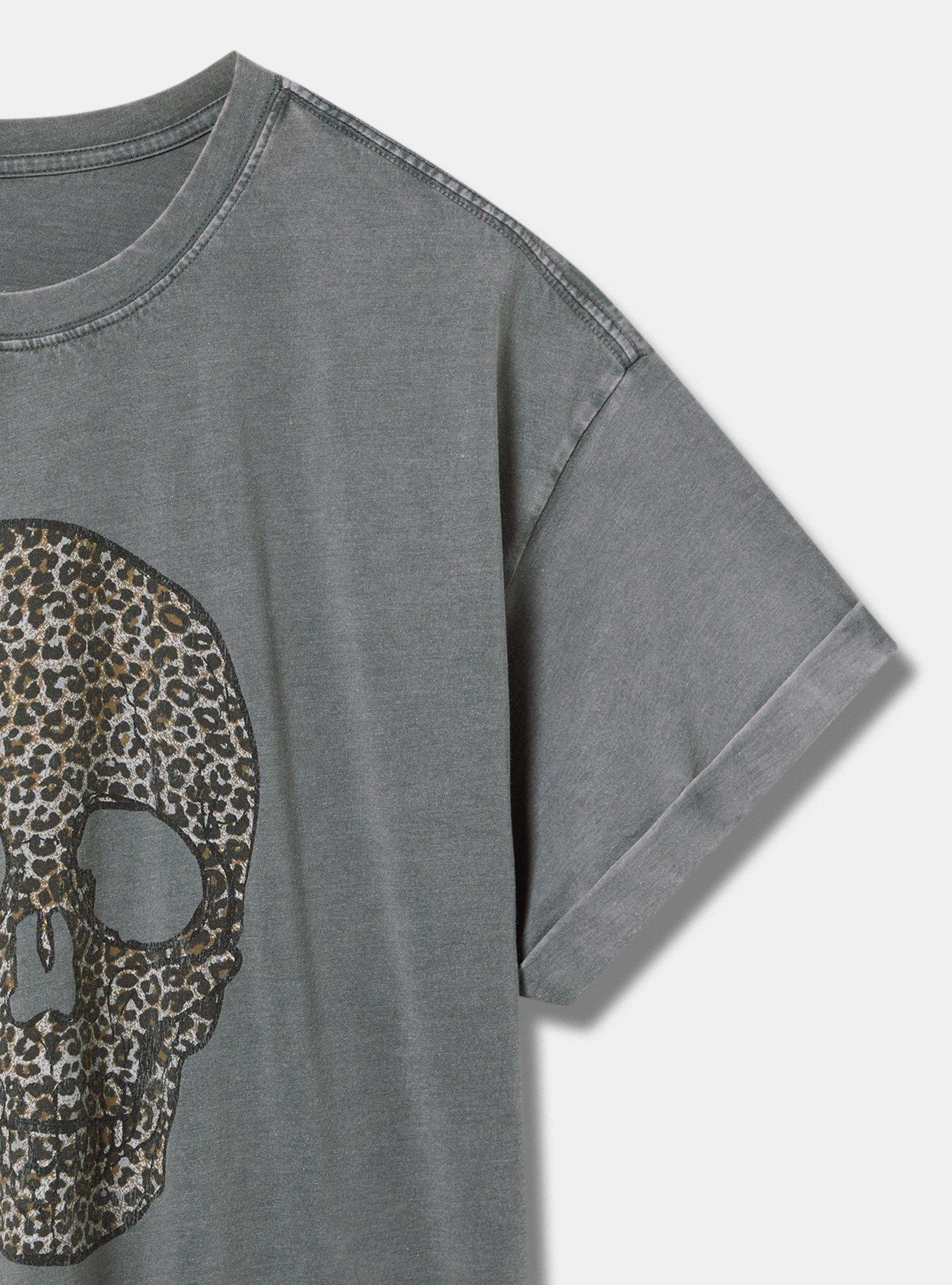 Cheetah Skull Roll Cuff Relaxed Cotton Crew Tee , BLACK MINERAL WASH, alternate