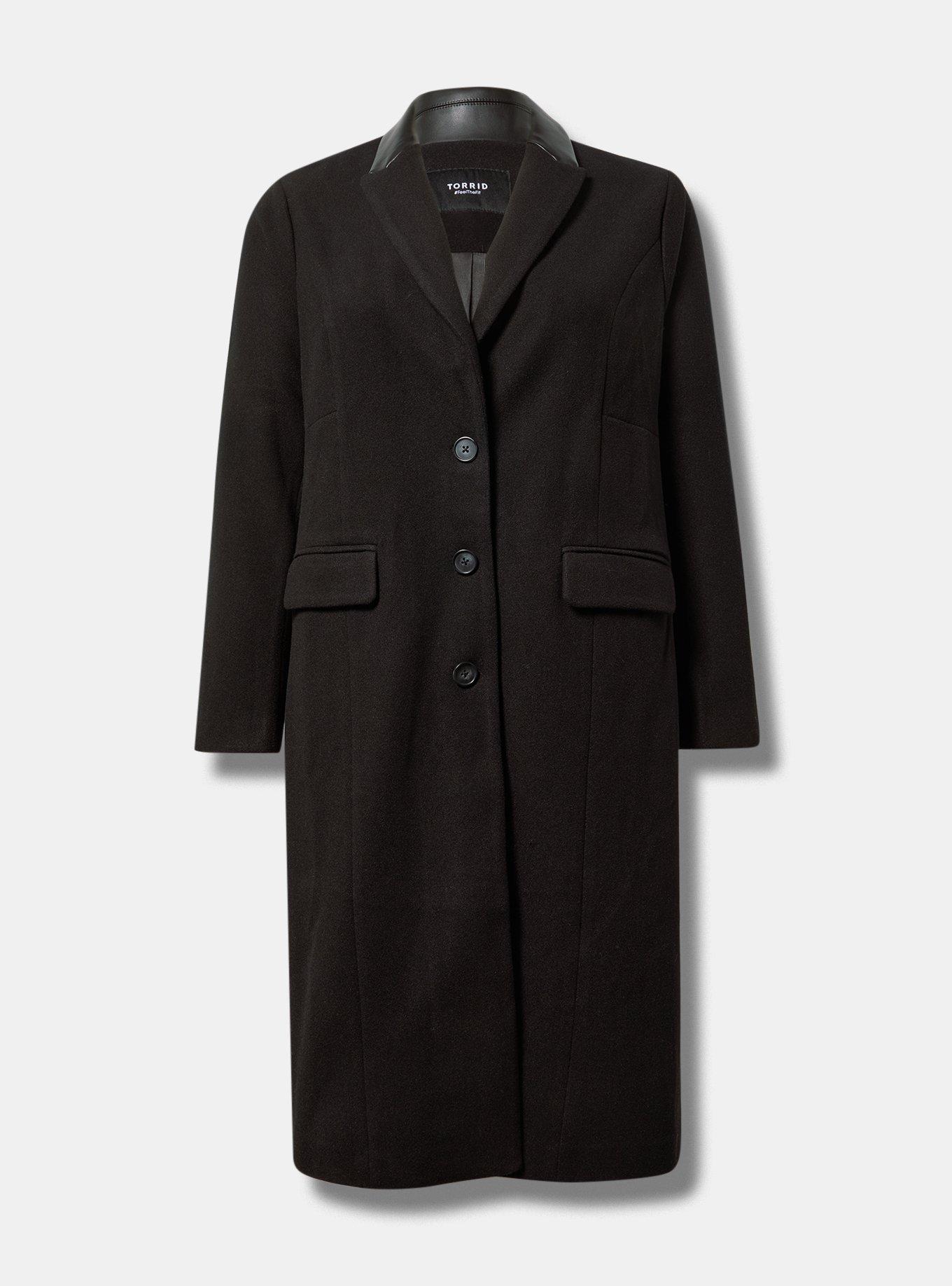 Wool Faux Leather Collar Longline Coat