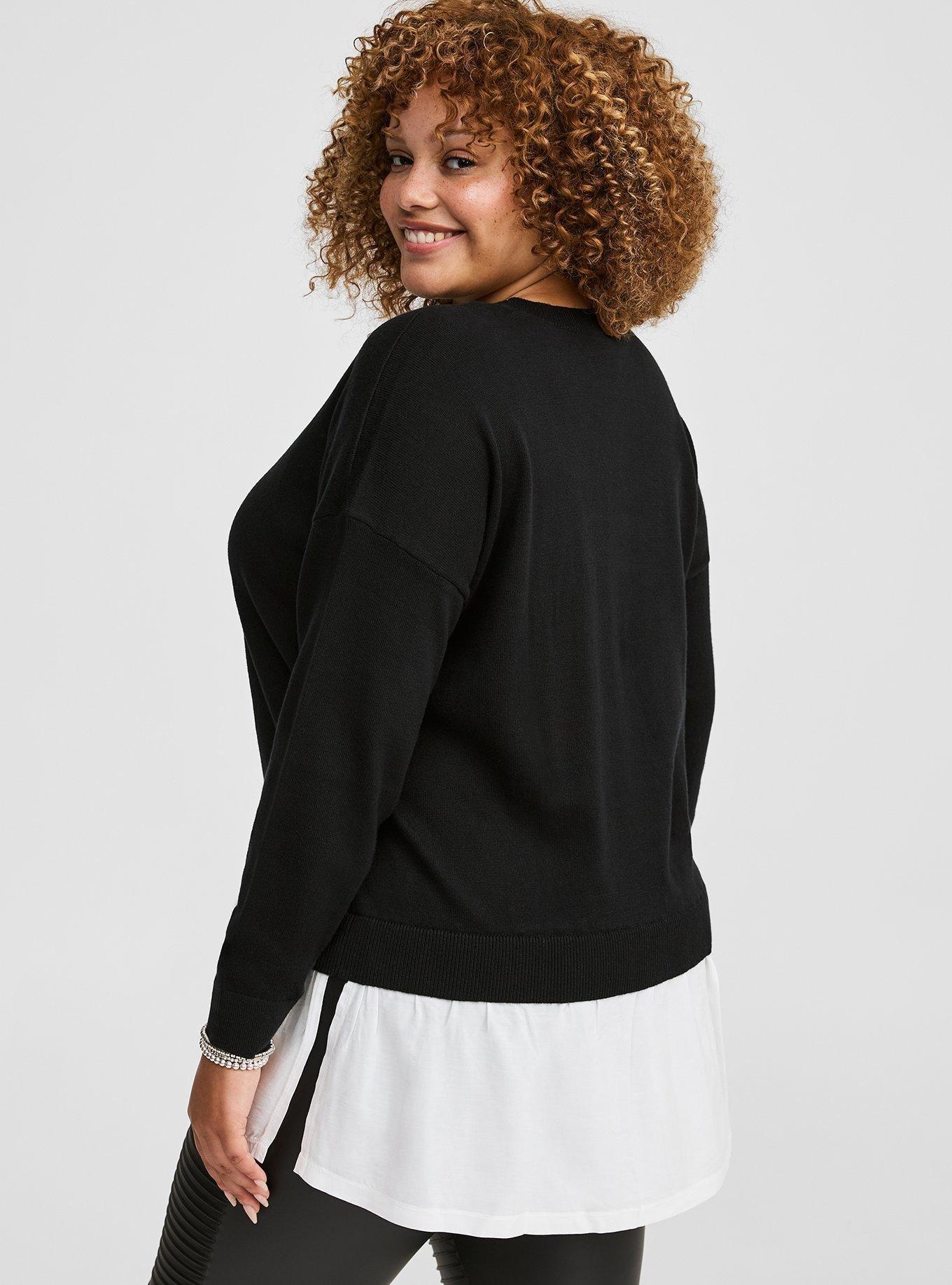 Plus Size Soft Cotton Long Sleeve Cropped 2fer Sweater, DEEP BLACK, alternate