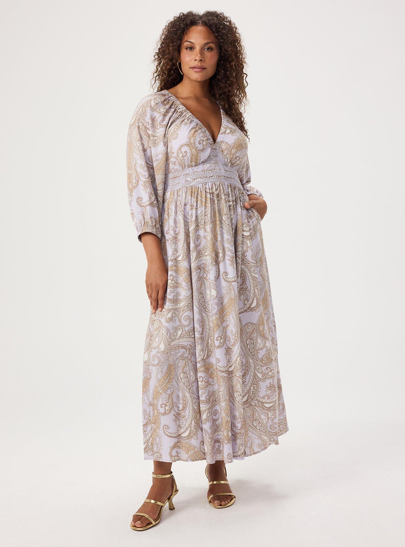 Plus Size Maxi V-Neck Raglan-Sleeve Dress, ELEGANT PAISLEY PURPLE, alternate