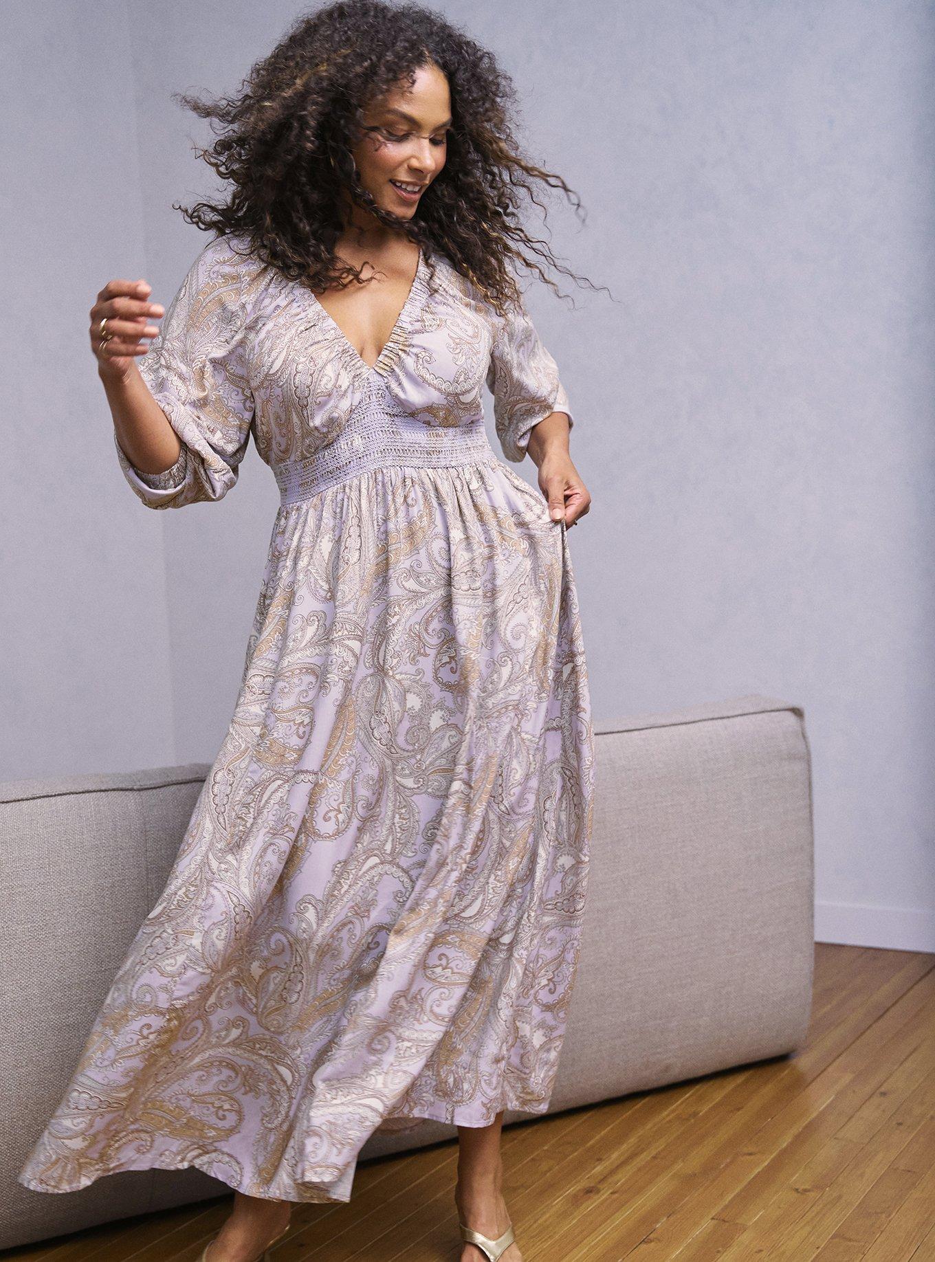 Plus Size Maxi V-Neck Raglan-Sleeve Dress, ELEGANT PAISLEY PURPLE, alternate