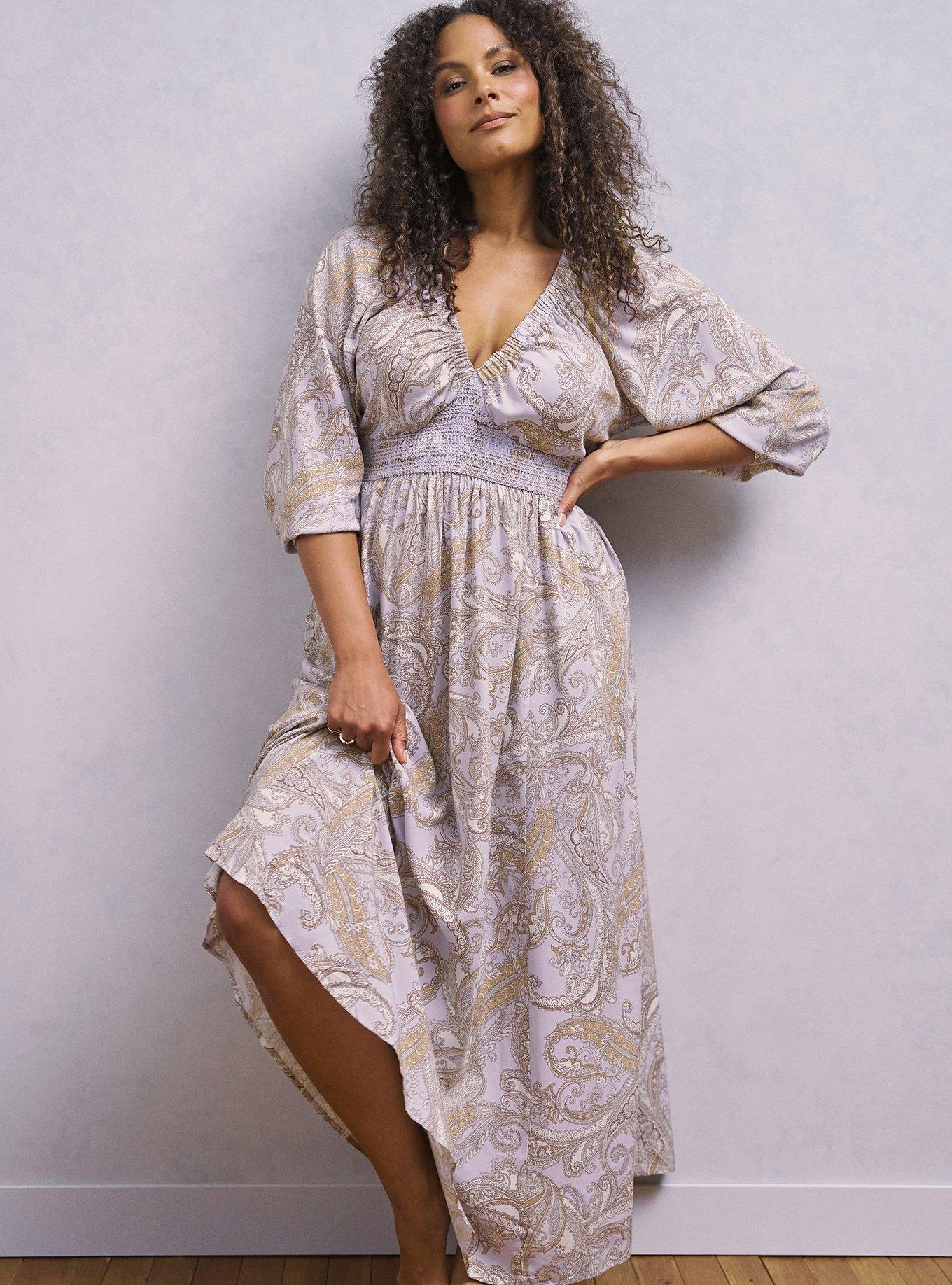 Plus Size Maxi V-Neck Raglan-Sleeve Dress, ELEGANT PAISLEY PURPLE, hi-res