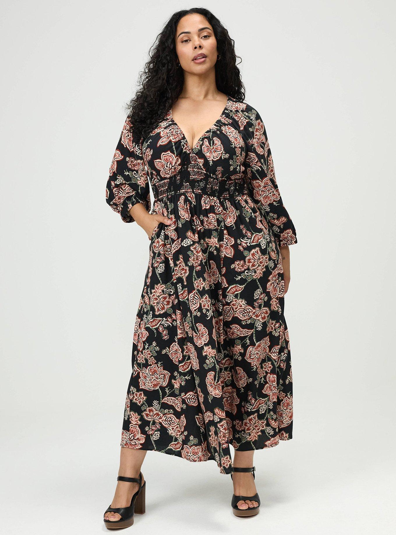 Maxi V-Neck Raglan-Sleeve Dress, LAURIE JACOBEAN FLORAL BLACK, hi-res