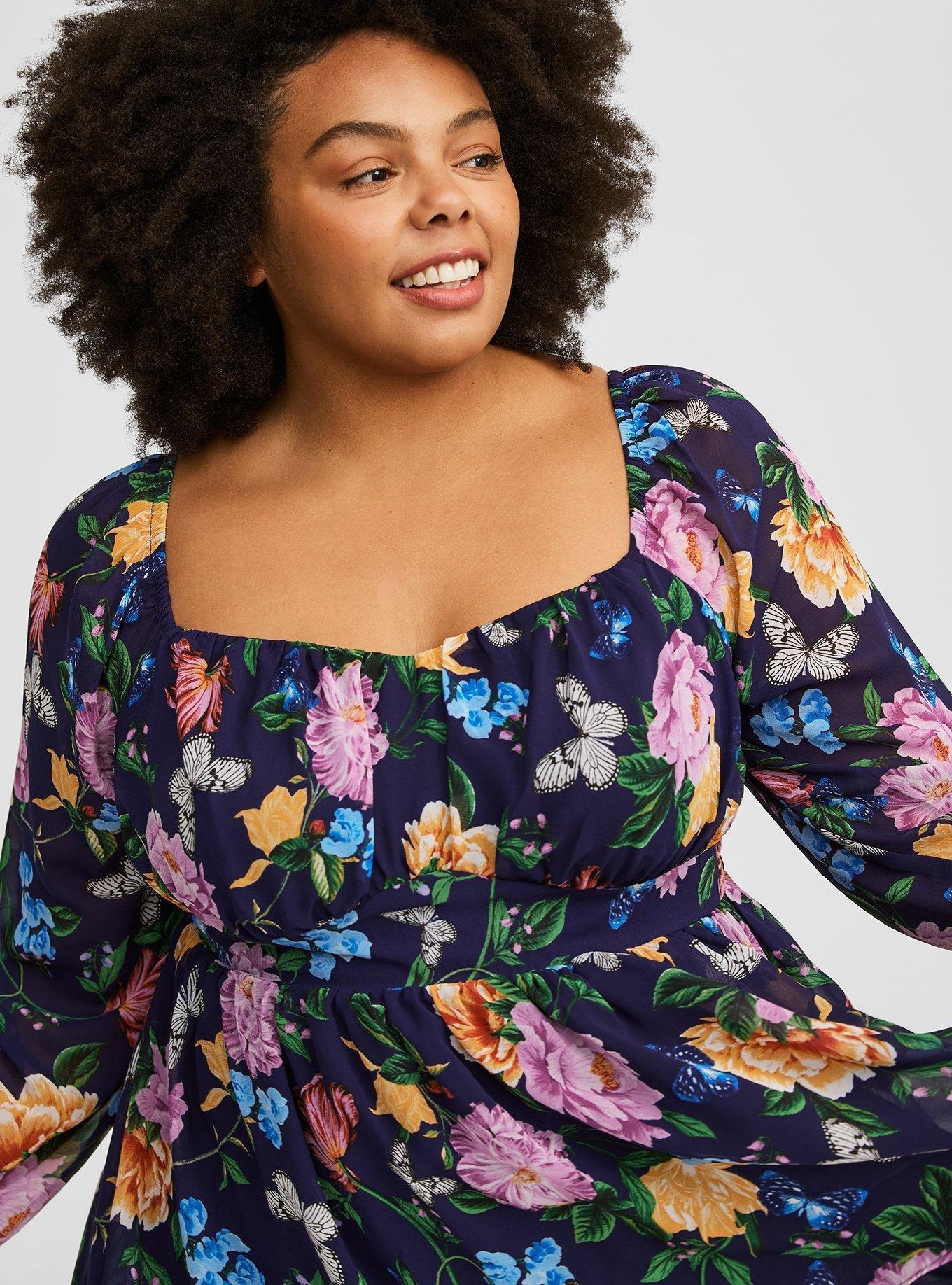 Women's Peplum Chiffon Long Sleeve Top In Butterfly Garden Peacoat, Size 12, Plus Size By Torrid