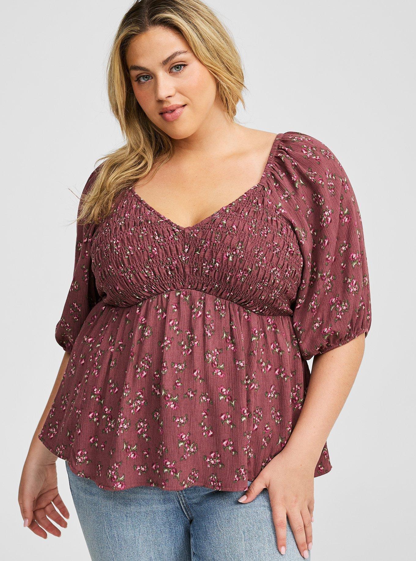 Babydoll Crinkle Gauze 3/4 Sleeve Top, BREEZY FLORAL GARNET, alternate