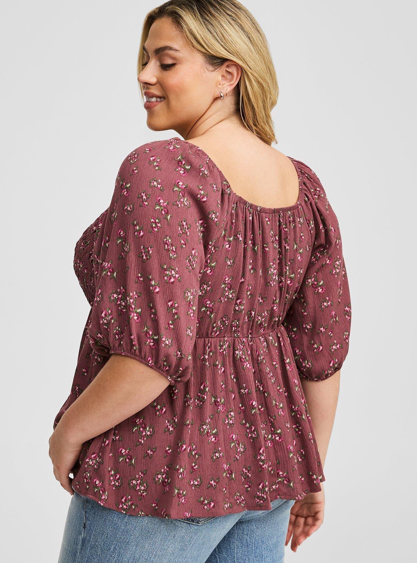 Babydoll Crinkle Gauze 3/4 Sleeve Top, BREEZY FLORAL GARNET, alternate