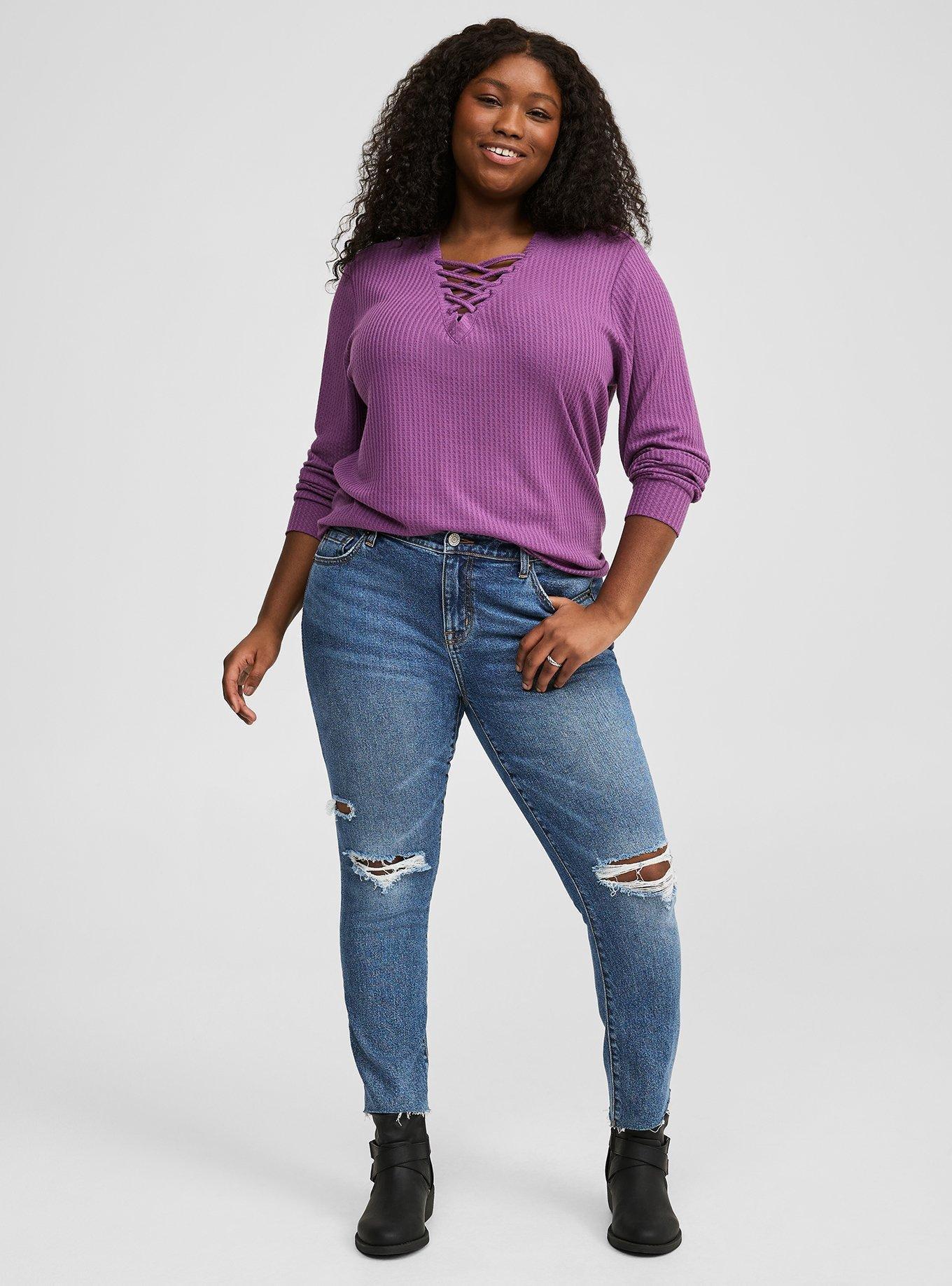 Waffle Lace Up V-Neck Long Sleeve Top