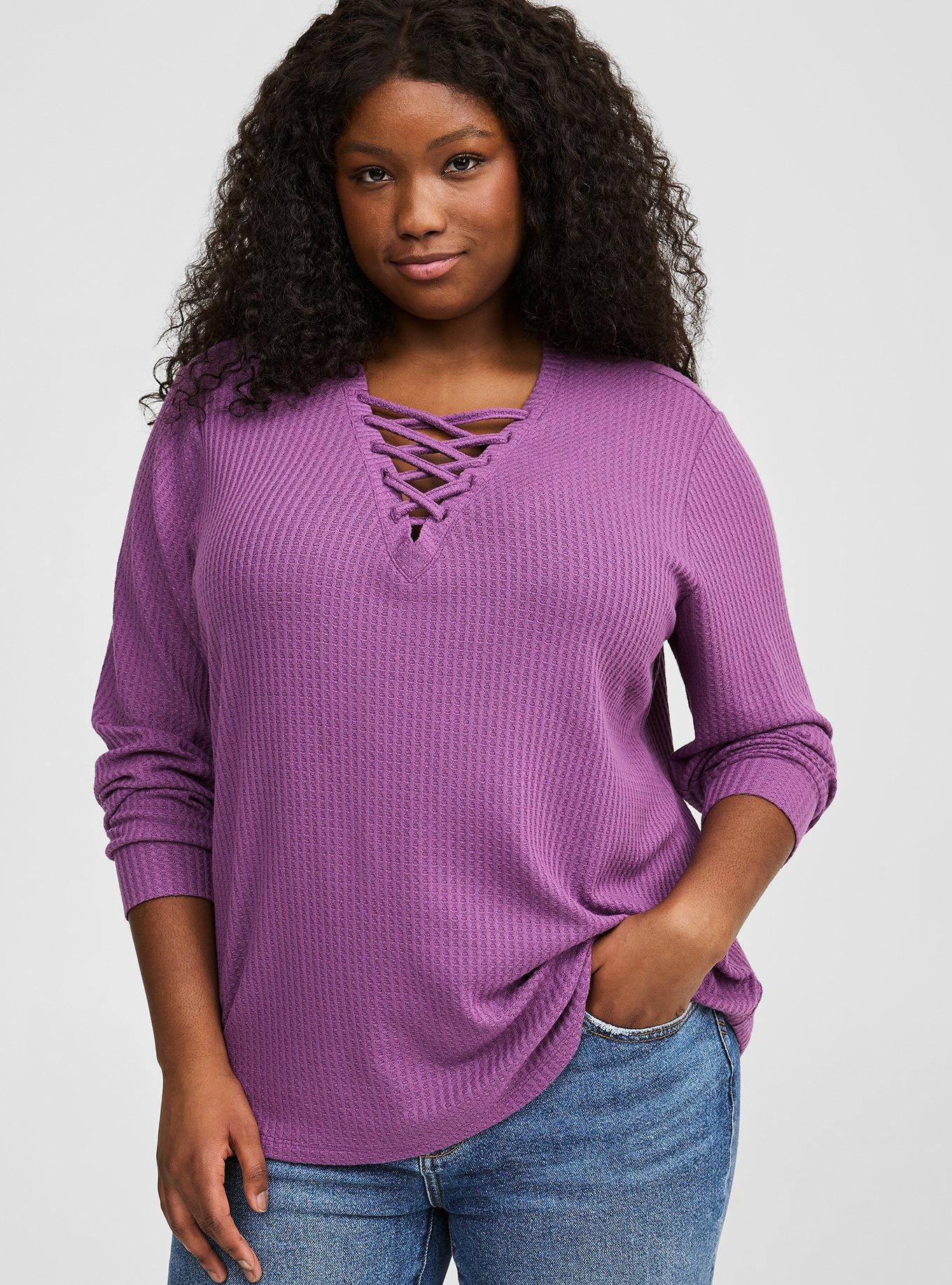 Waffle Lace Up V-Neck Long Sleeve Top