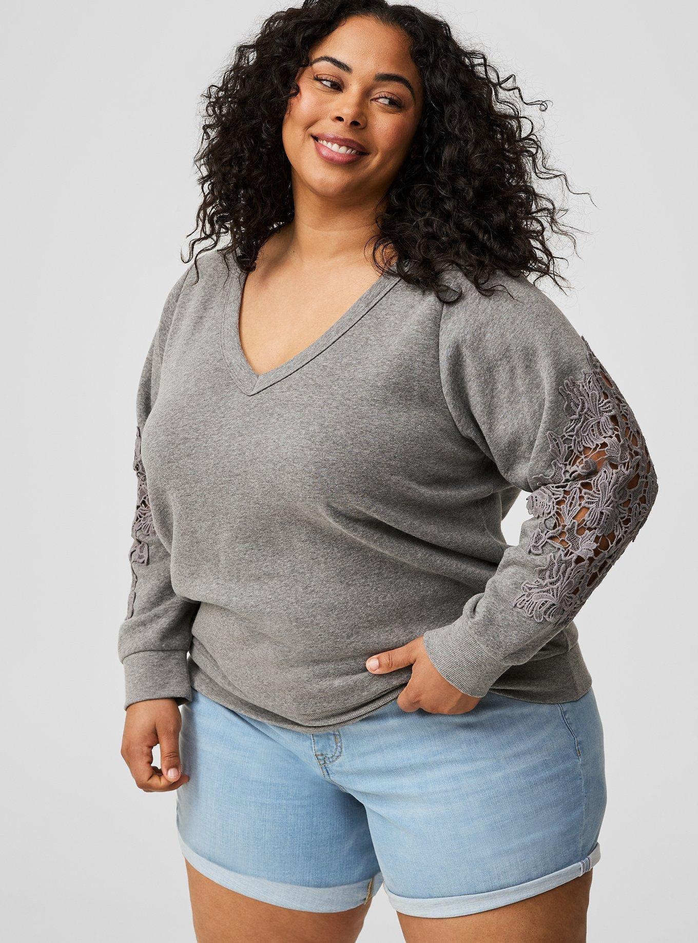 Cozy Fleece V-Neck Crochet Sweatshirt