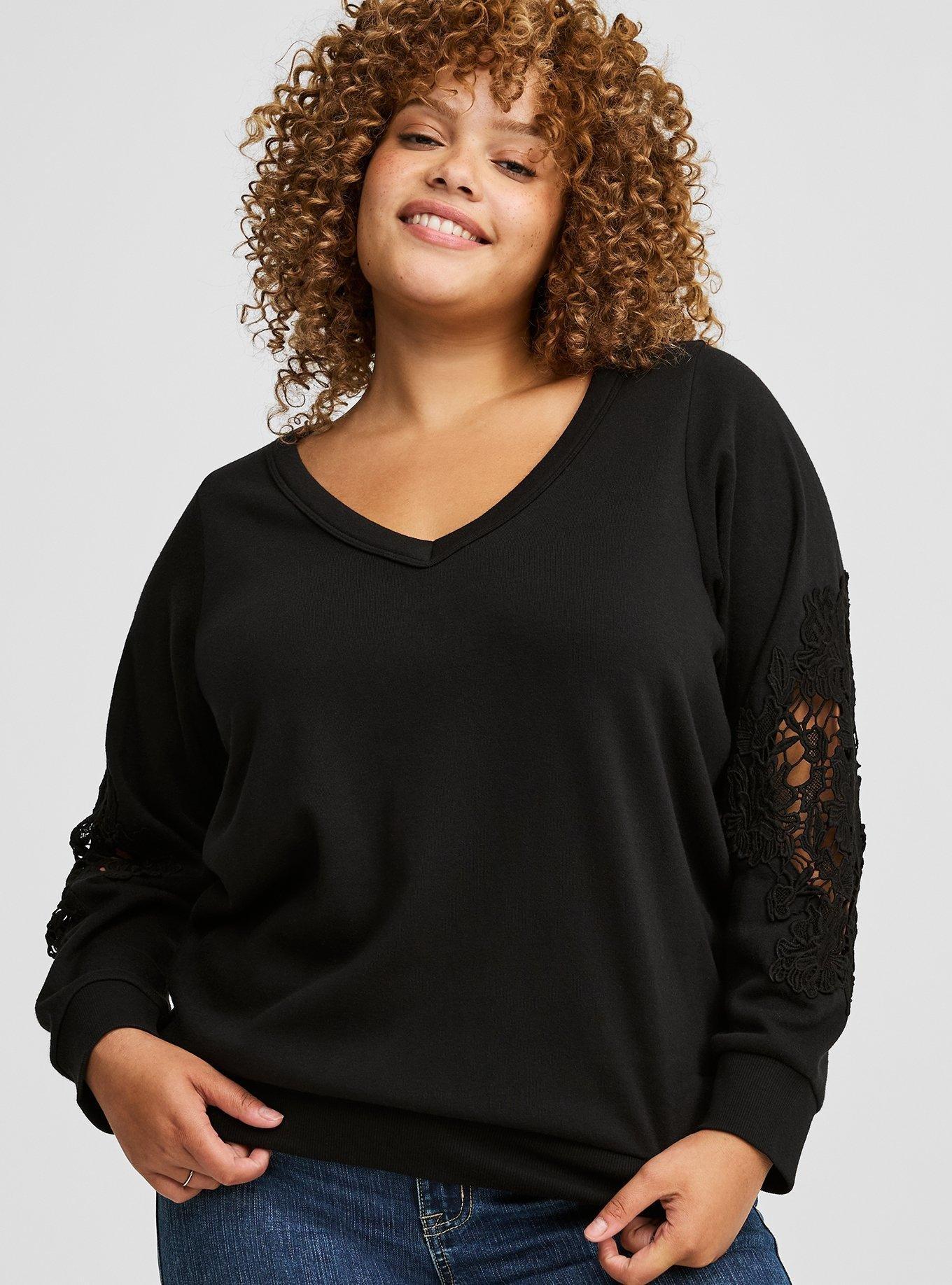 Plus Size Cozy Fleece V Neck Crochet Sweatshirt Torrid