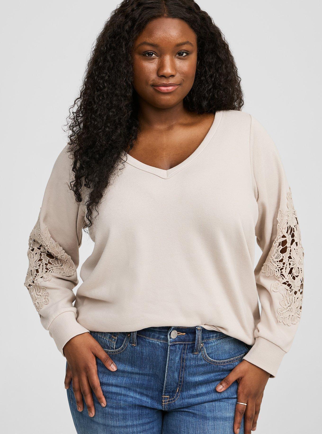 Cozy Fleece V-Neck Crochet Sweatshirt