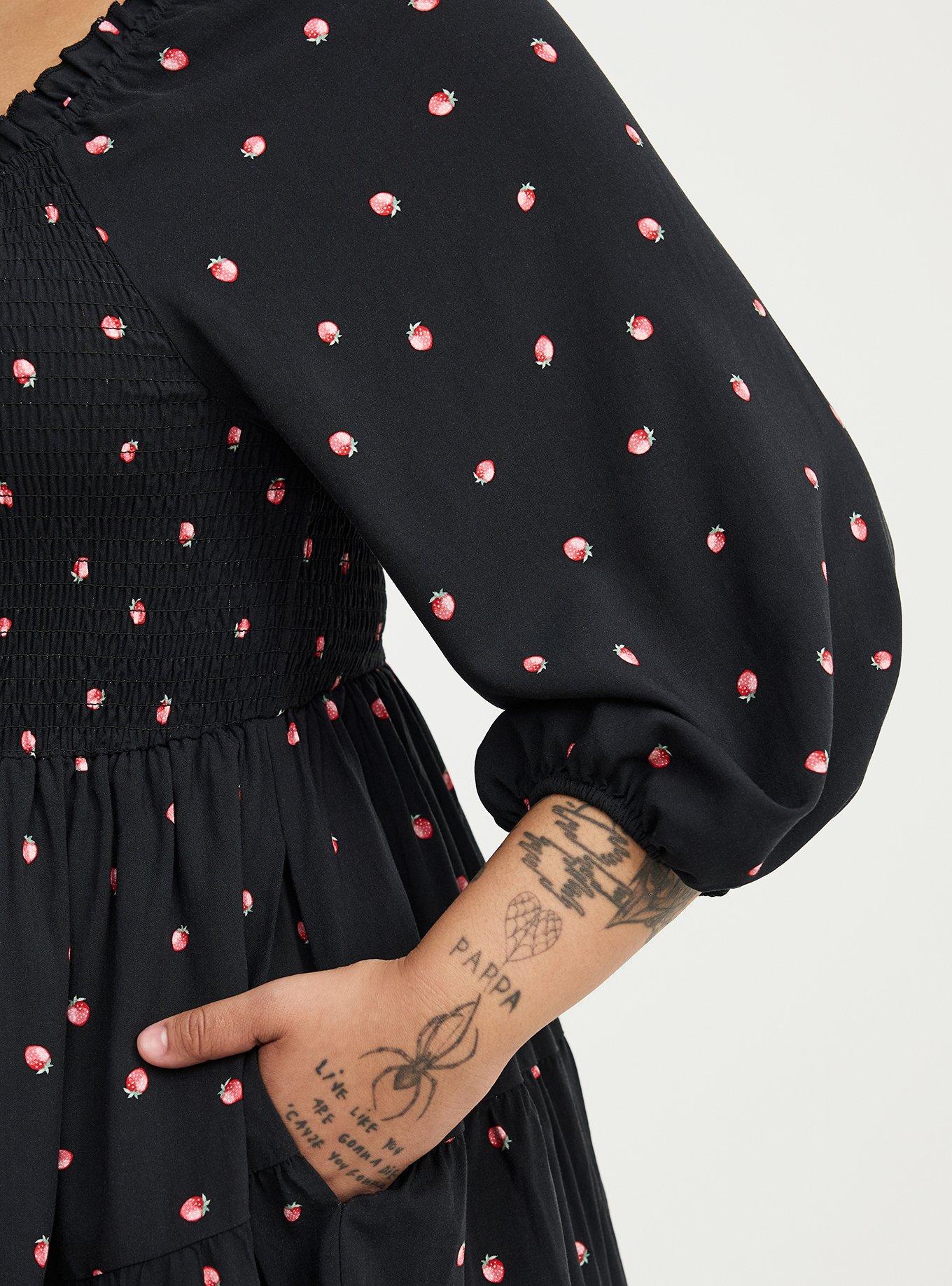 Smocked Bodice Mini Dress, SPACED STRAWBERRY BLACK, alternate