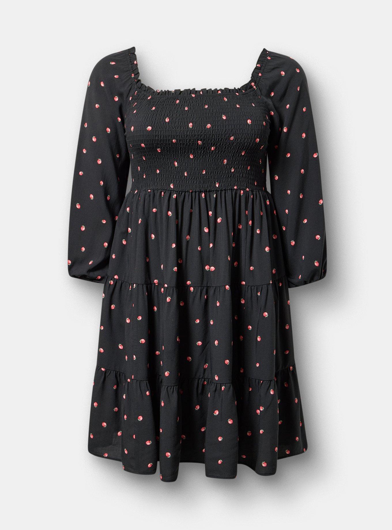 Smocked Bodice Mini Dress, SPACED STRAWBERRY BLACK, hi-res