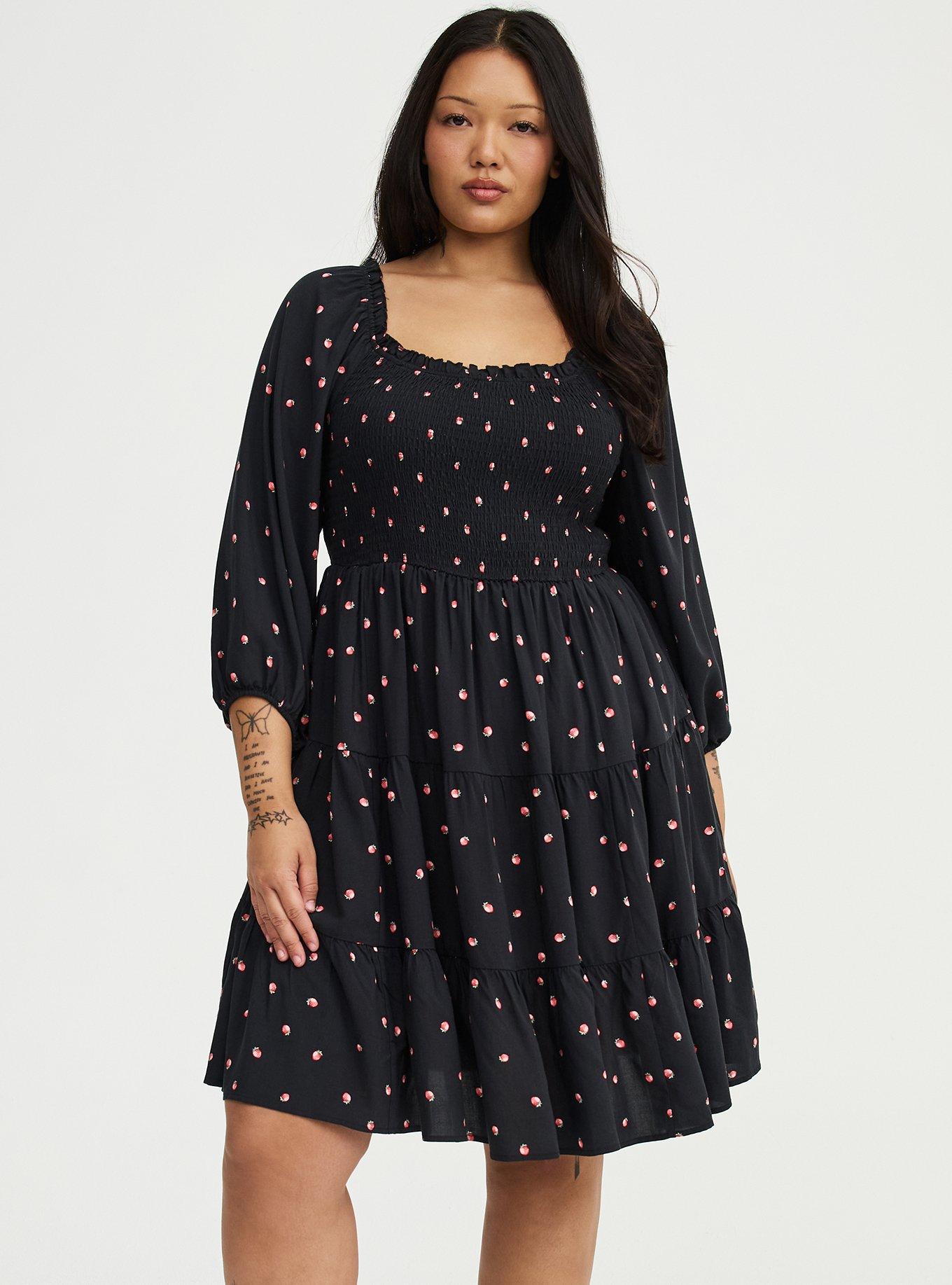 Smocked Bodice Mini Dress, SPACED STRAWBERRY BLACK, hi-res