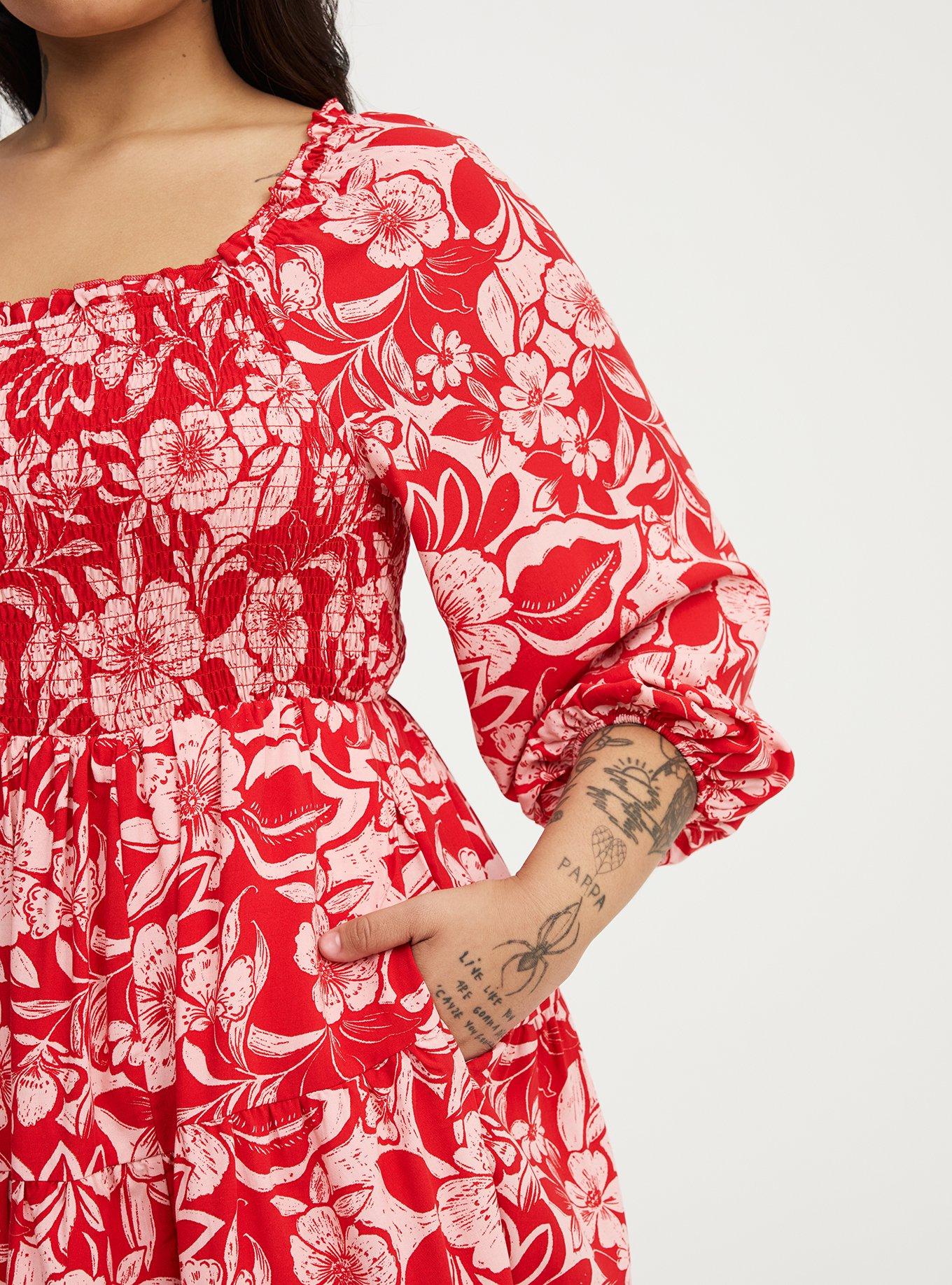 Smocked Bodice Mini Dress, FLORAL ESCAPE RED, alternate