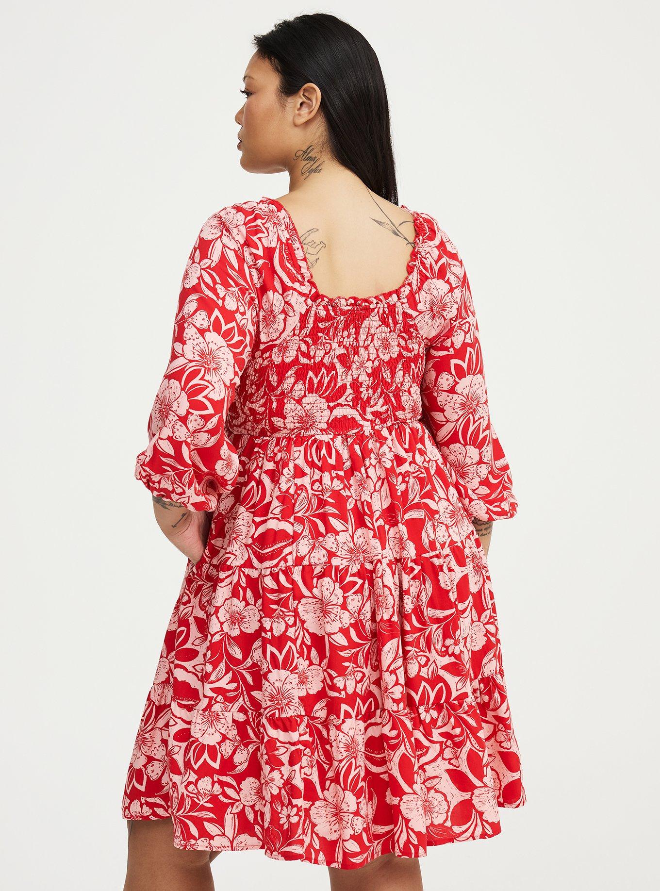 Smocked Bodice Mini Dress, FLORAL ESCAPE RED, alternate