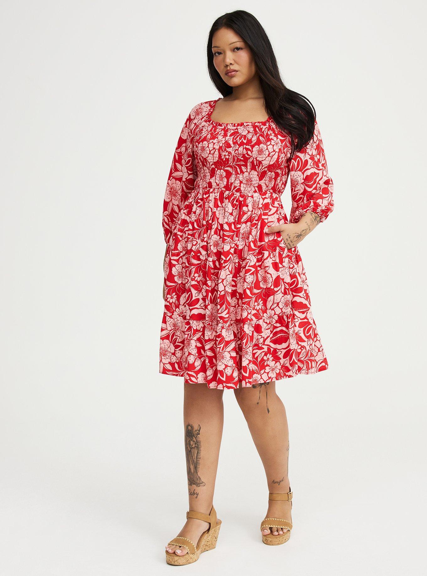 Smocked Bodice Mini Dress, FLORAL ESCAPE RED, alternate