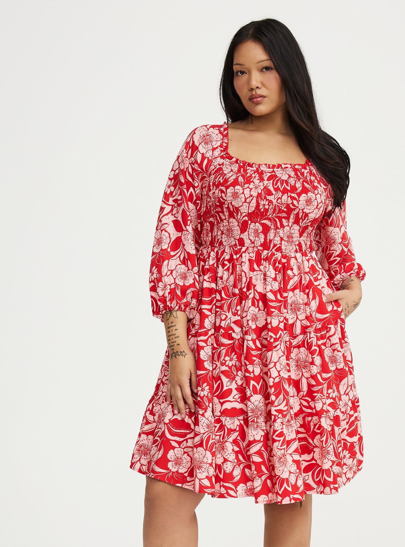 Smocked Bodice Mini Dress, FLORAL ESCAPE RED, alternate