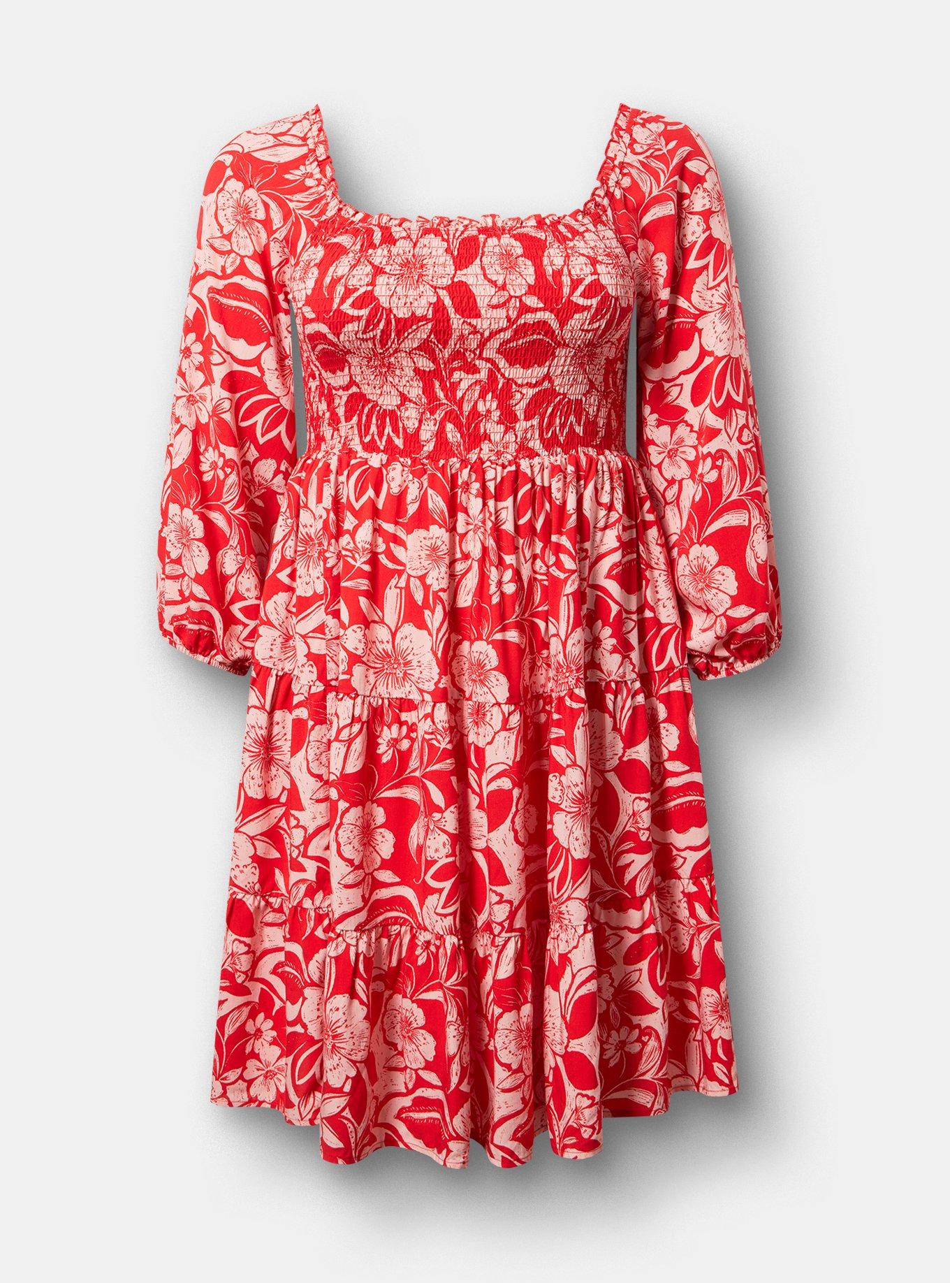 Smocked Bodice Mini Dress, FLORAL ESCAPE RED, hi-res