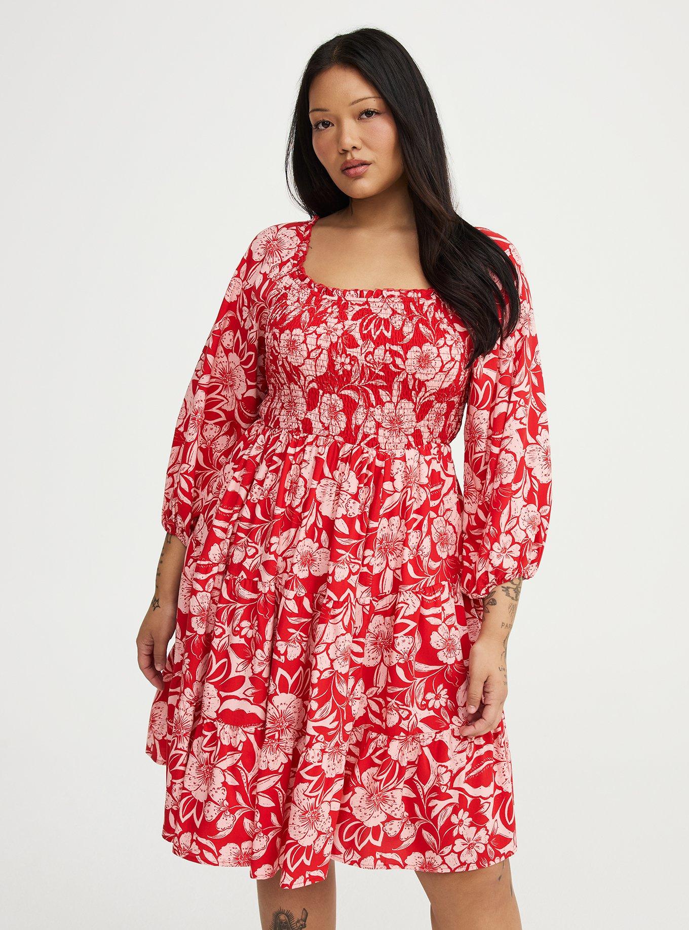 Smocked Bodice Mini Dress, FLORAL ESCAPE RED, hi-res