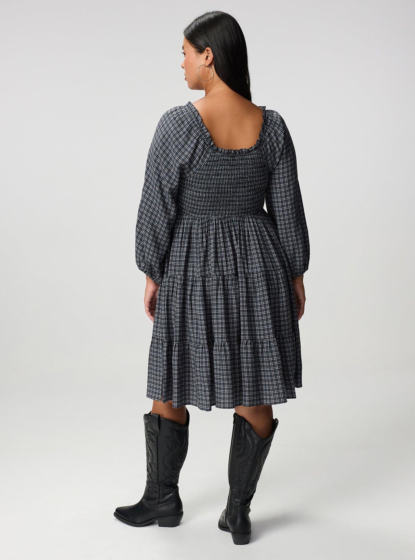 Smocked Bodice Mini Dress, INGRID PLAID GREY, alternate