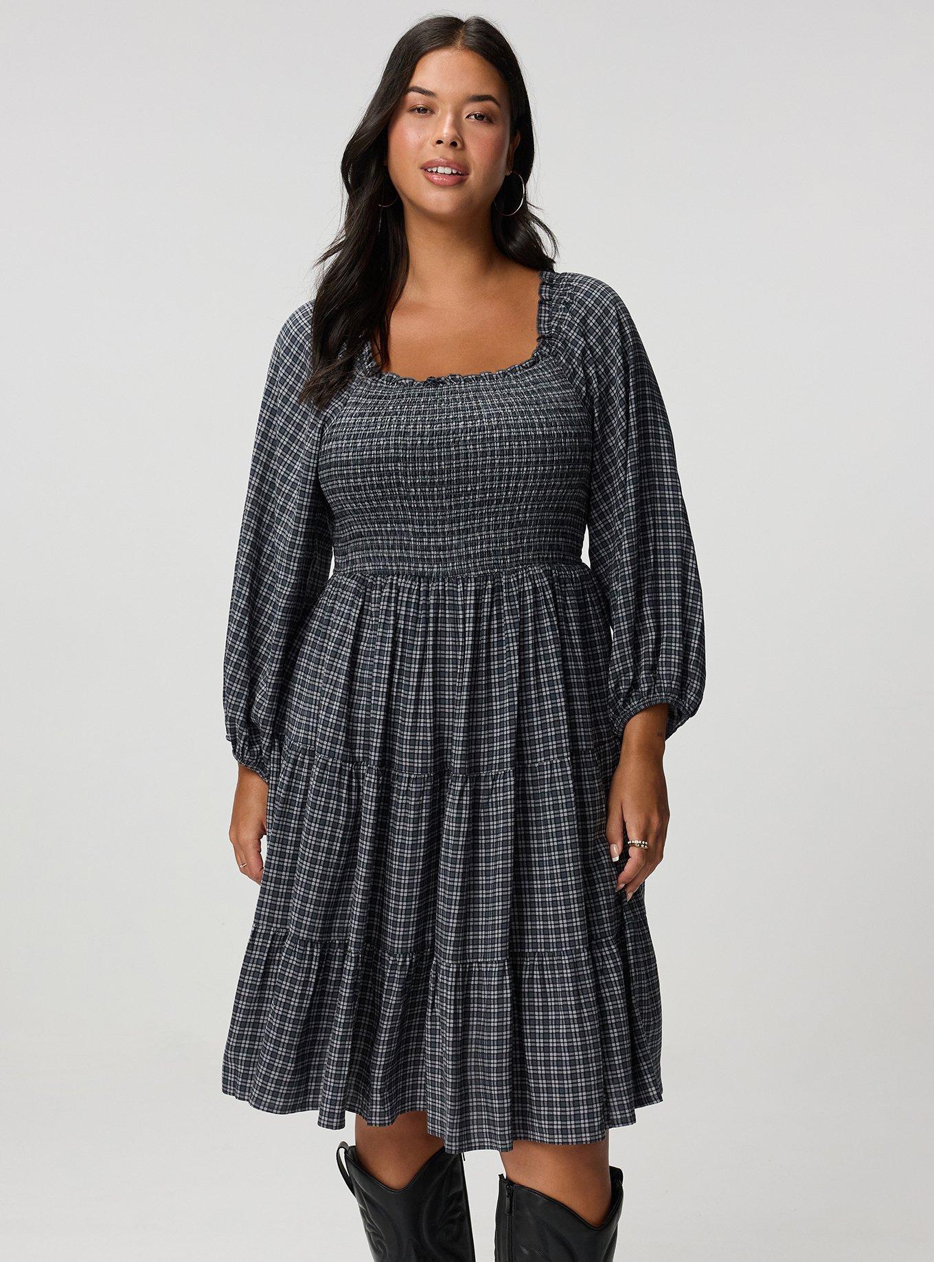Smocked Bodice Mini Dress, INGRID PLAID GREY, alternate