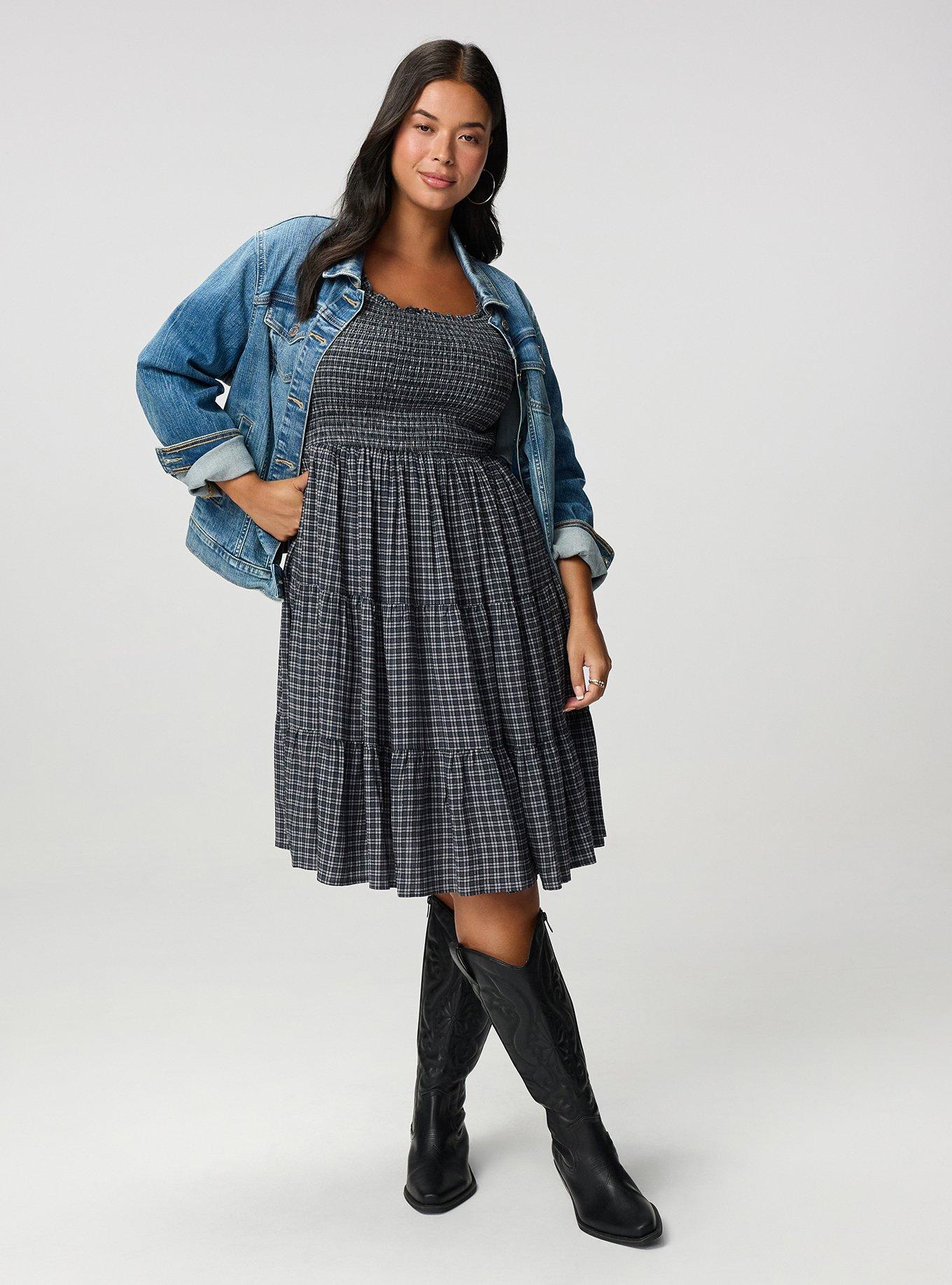 Smocked Bodice Mini Dress, INGRID PLAID GREY, alternate