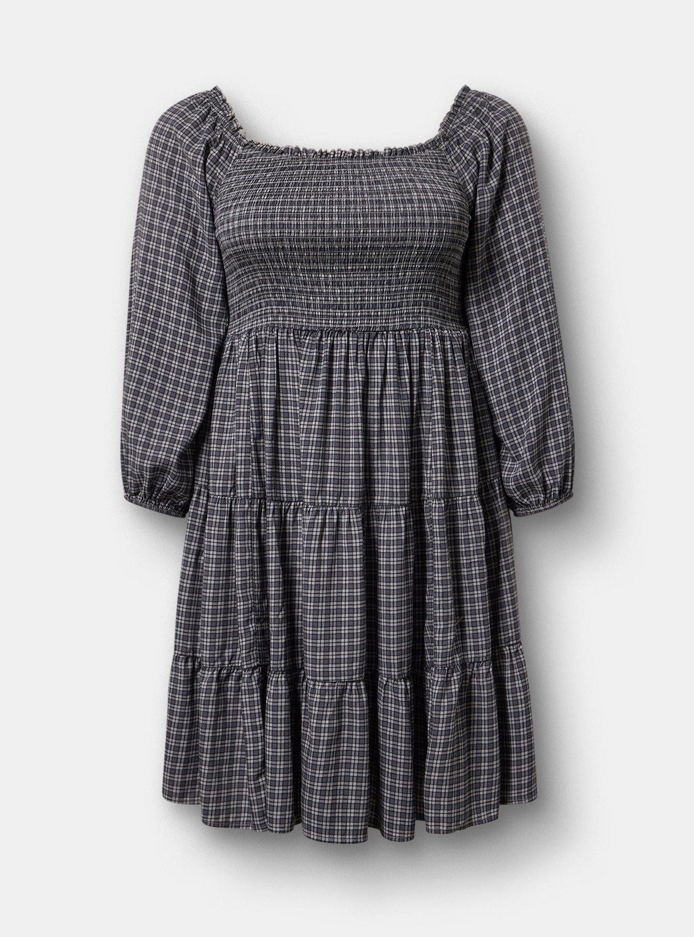 Smocked Bodice Mini Dress, INGRID PLAID GREY, hi-res