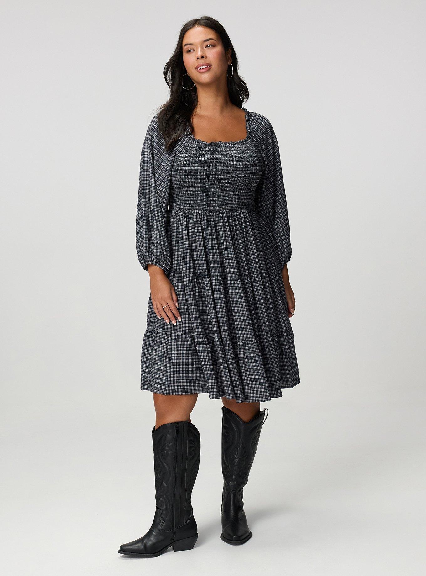 Smocked Bodice Mini Dress, INGRID PLAID GREY, hi-res