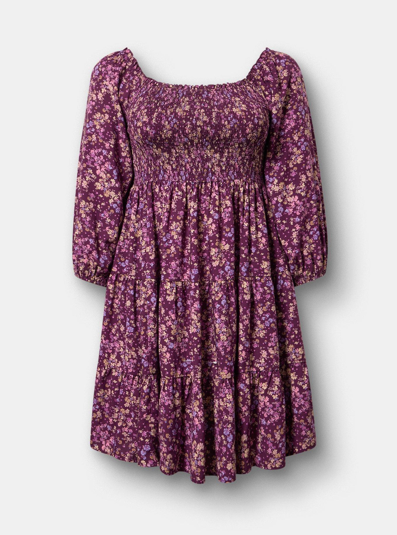 Smocked Bodice Mini Dress, MAEVE DITSY FLORAL PLUM, hi-res