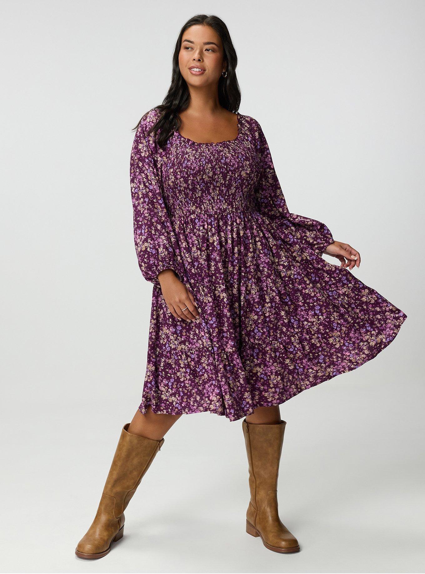Smocked Bodice Mini Dress, MAEVE DITSY FLORAL PLUM, hi-res