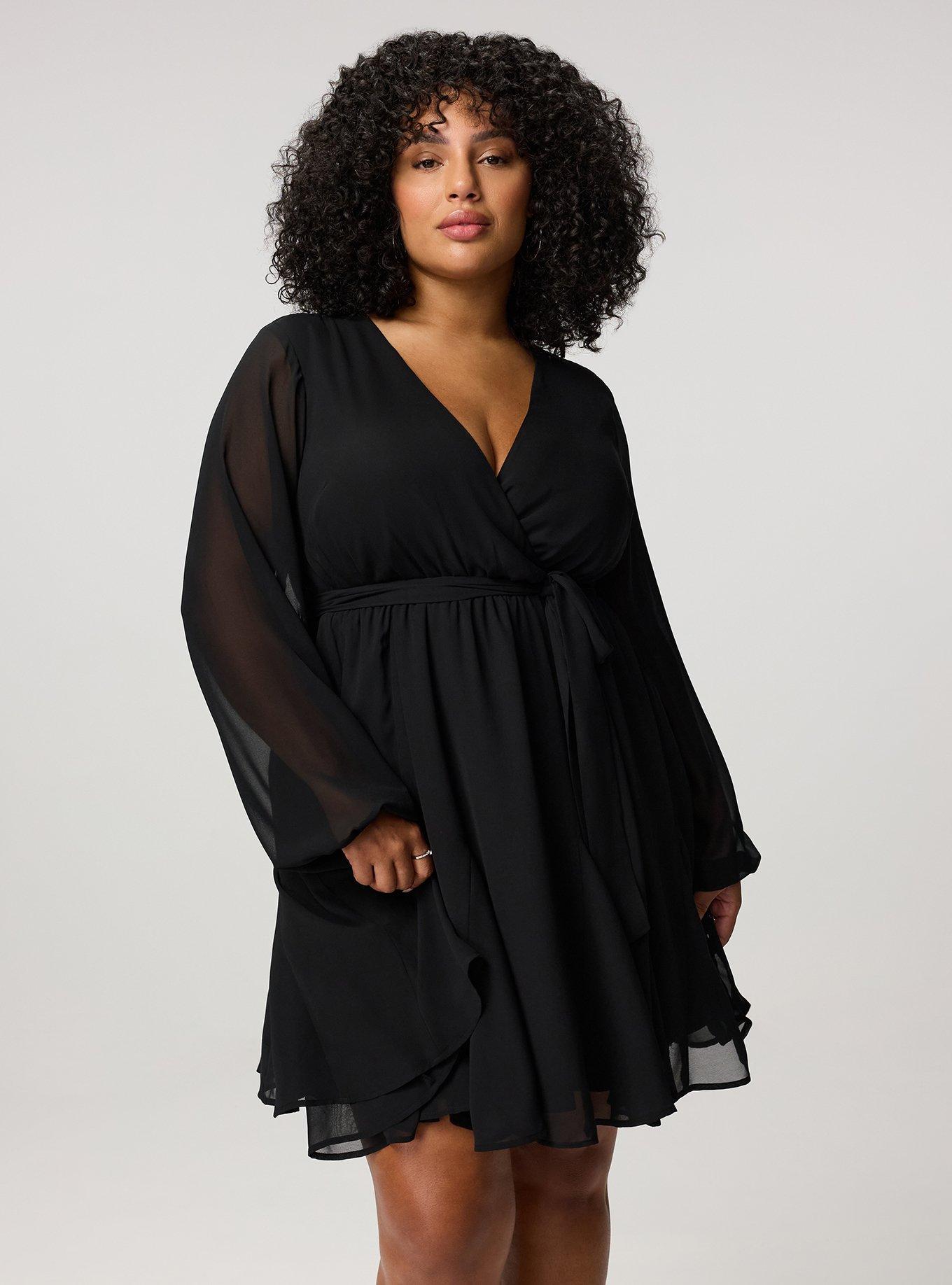 Chiffon Surplice Mini Dress, DEEP BLACK, hi-res