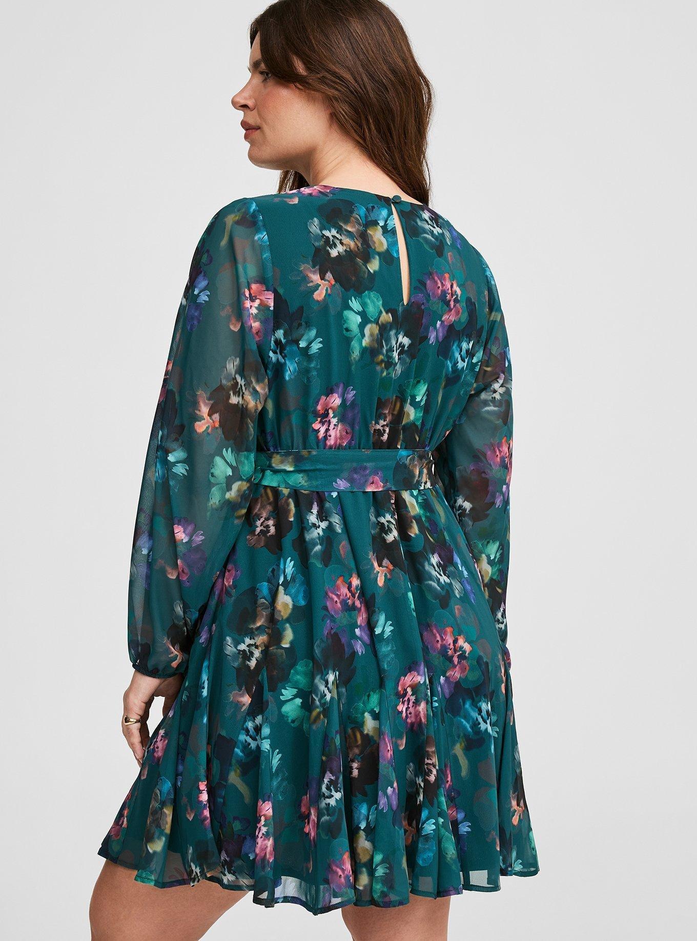 Mini Chiffon Long Sleeve Surplice Godet Dress