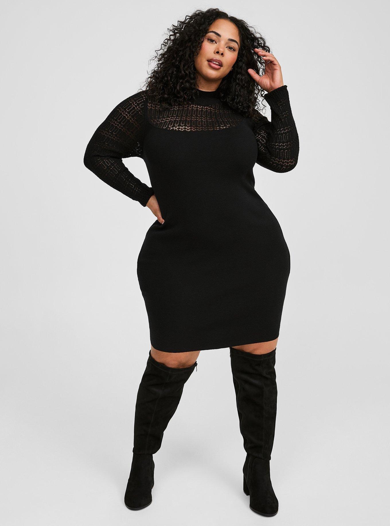 Plus Size Mini Long Sleeve Rib Pointelle Mock Neck Sweater Dress Torrid