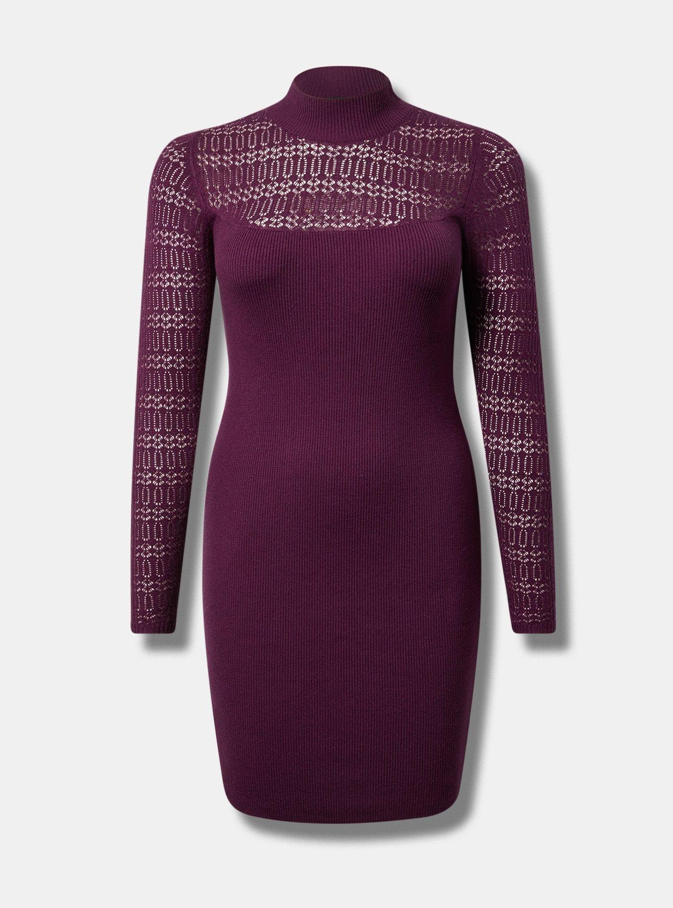 Mini Long Sleeve Rib Pointelle Mock Neck Sweater Dress